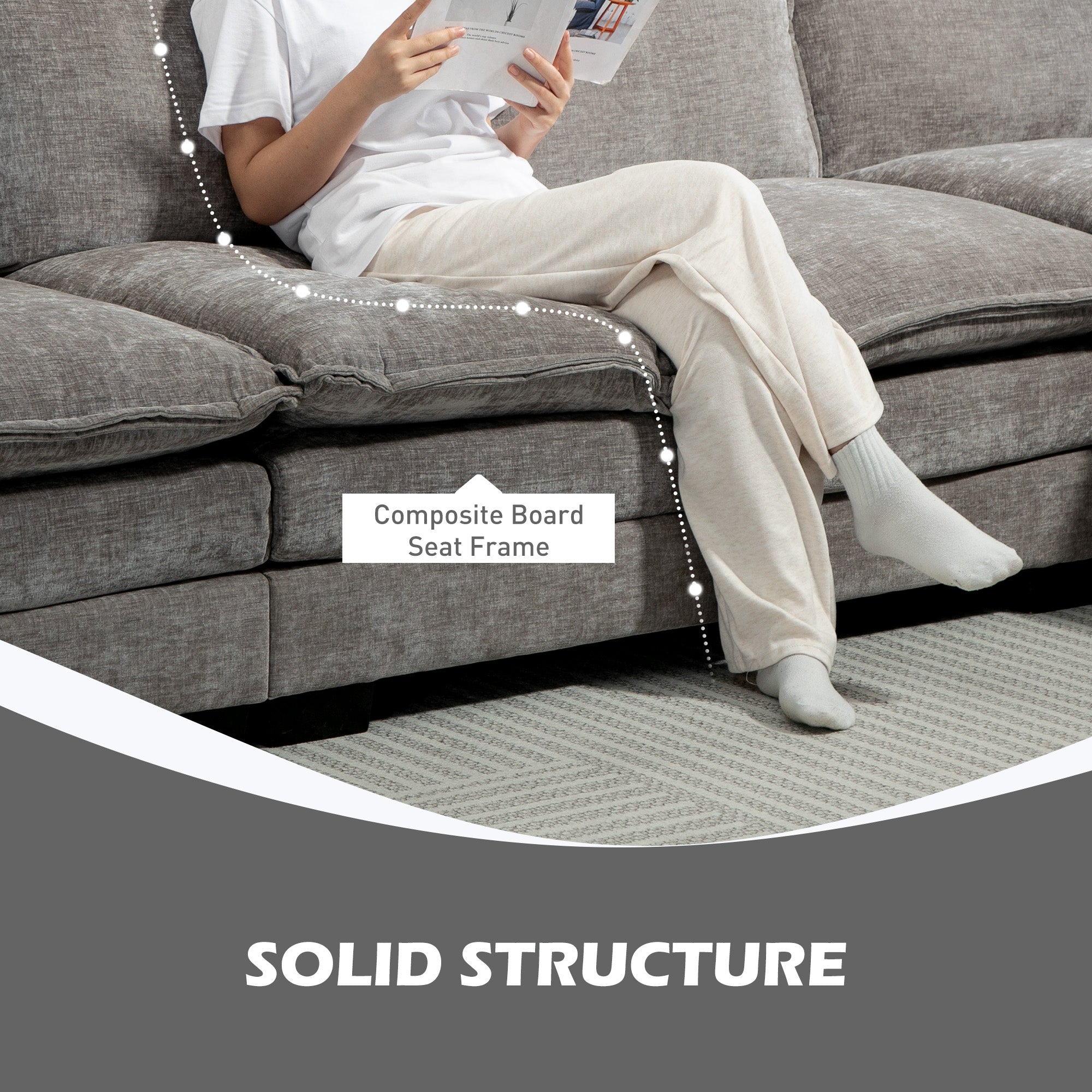 Grey L-shaped Sofa with Chaise Lounge, Chenille Fabric, Double-Layer Cushions-DECOROLALA