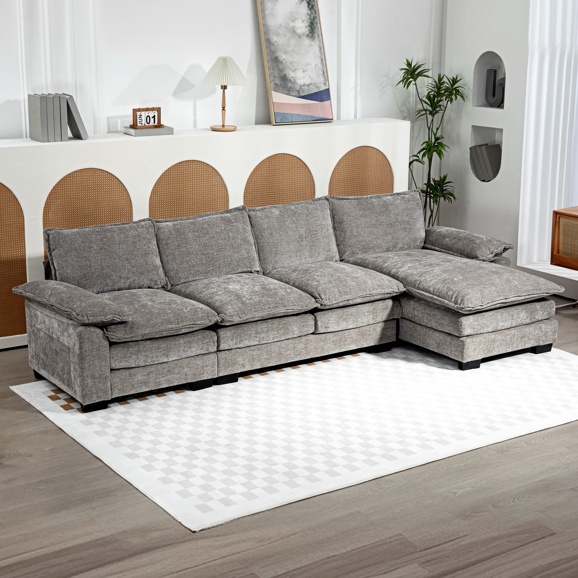 Grey L-shaped Sofa with Chaise Lounge, Chenille Fabric, Double-Layer Cushions-DECOROLALA