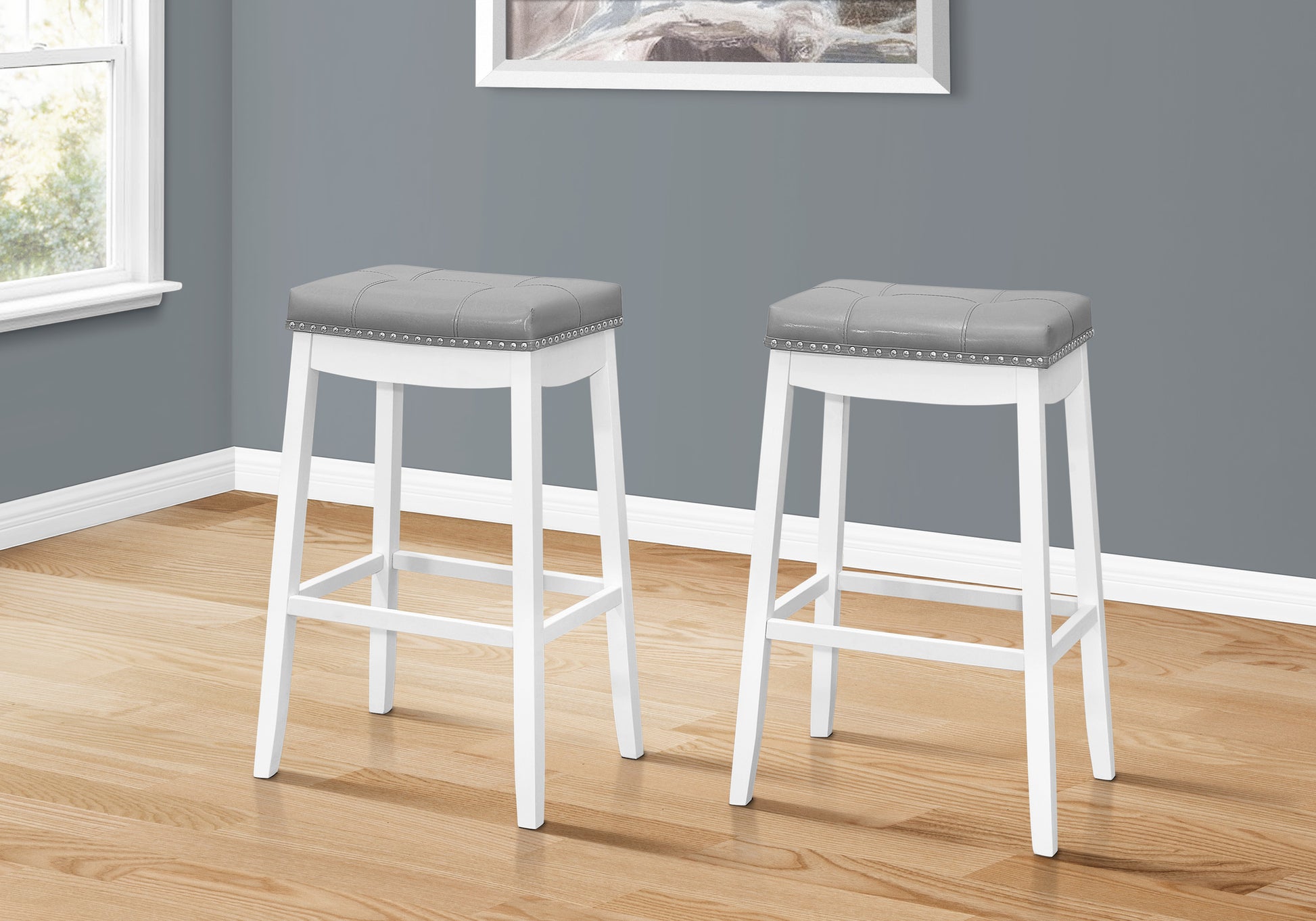 Grey Leather-Look Bar Stools Set of 2, 29"H, White-Bench-DECOROLALA