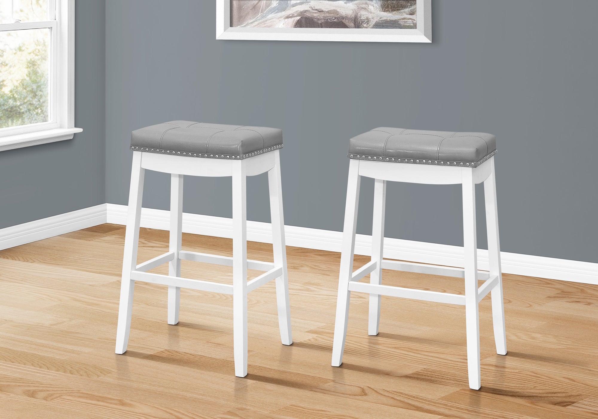 Grey Leather-Look Bar Stools Set of 2, 29"H, White-Bench-DECOROLALA