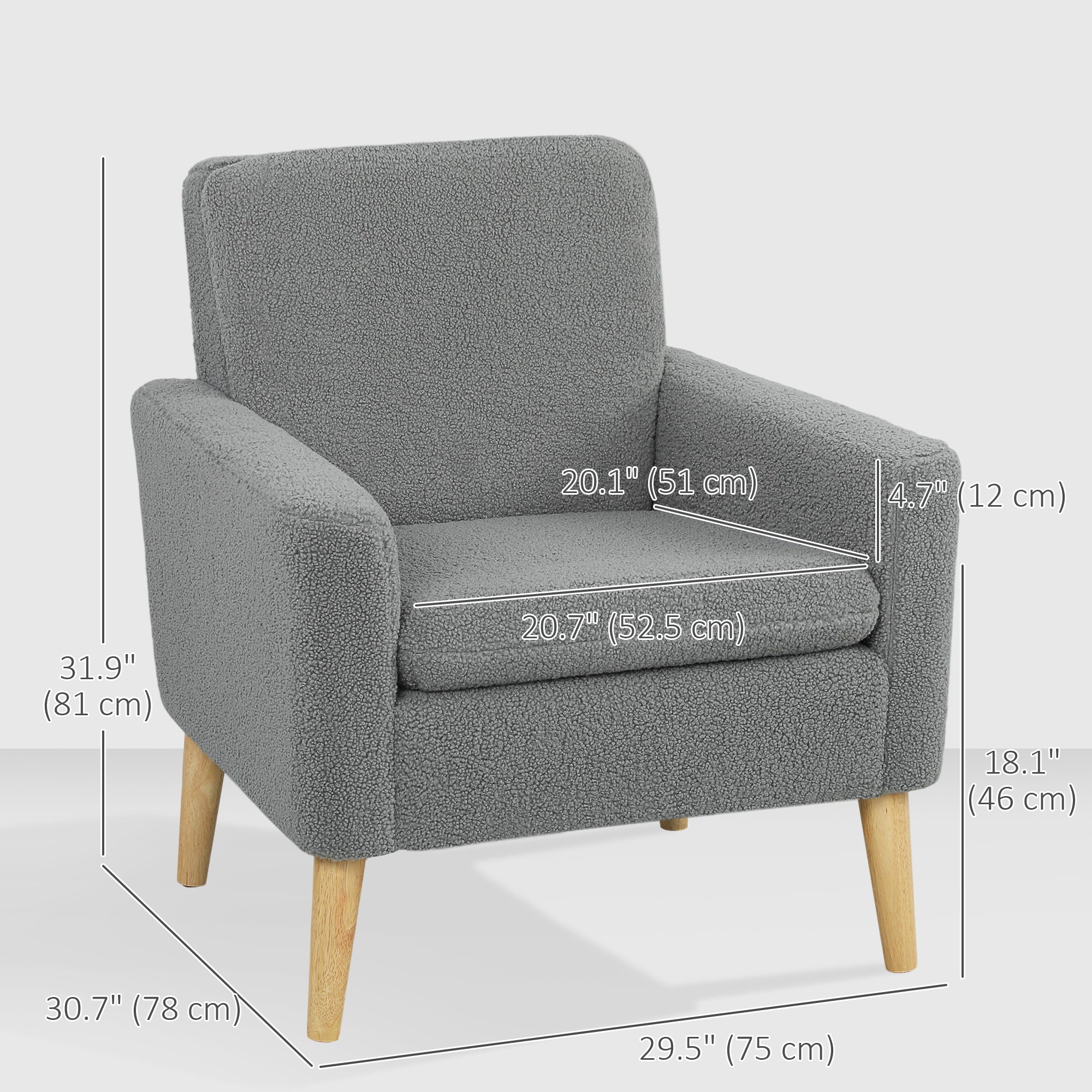 Grey Modern Accent Chair with Wood Legs - Cozy Teddy Fleece Fabric-DECOROLALA