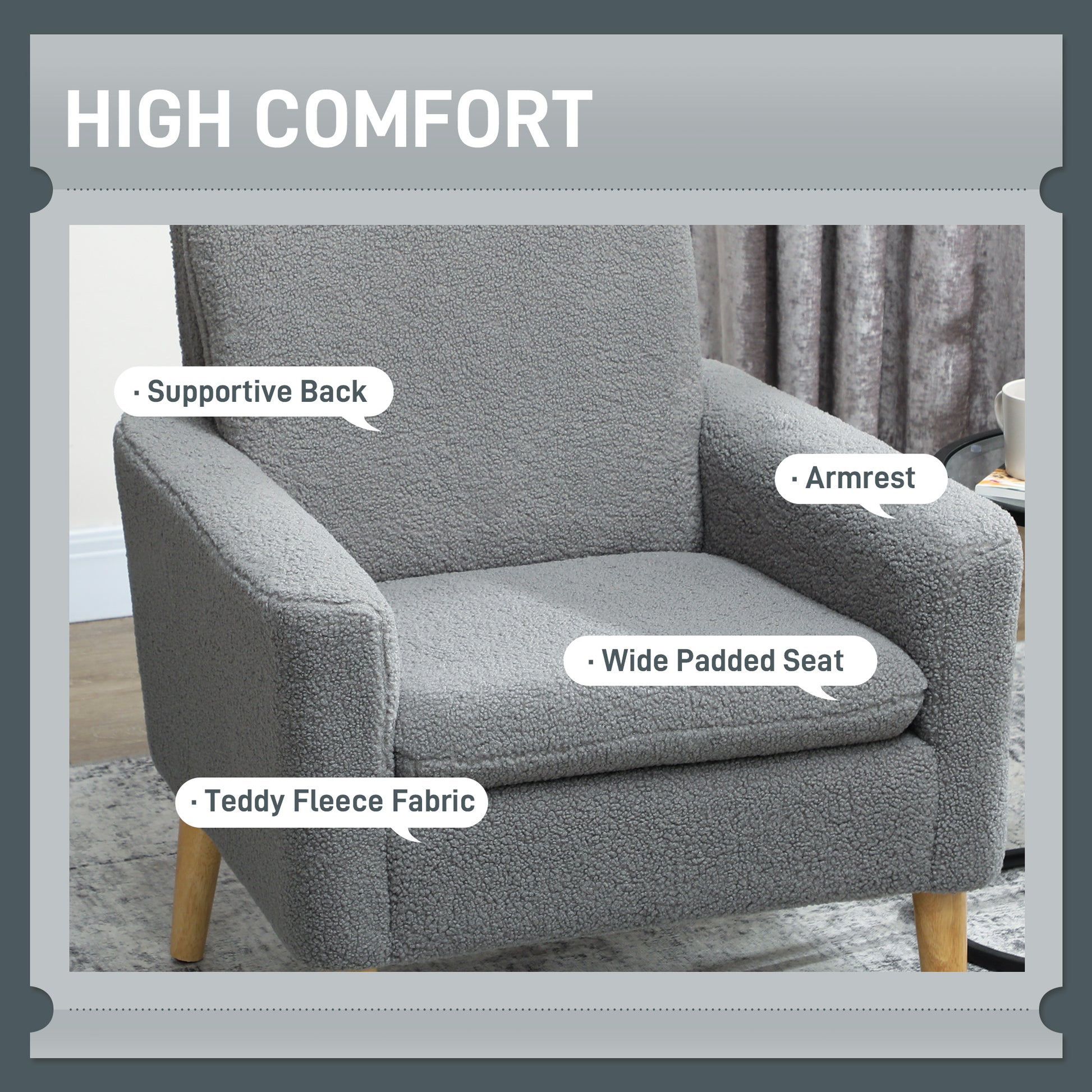Grey Modern Accent Chair with Wood Legs - Cozy Teddy Fleece Fabric-DECOROLALA
