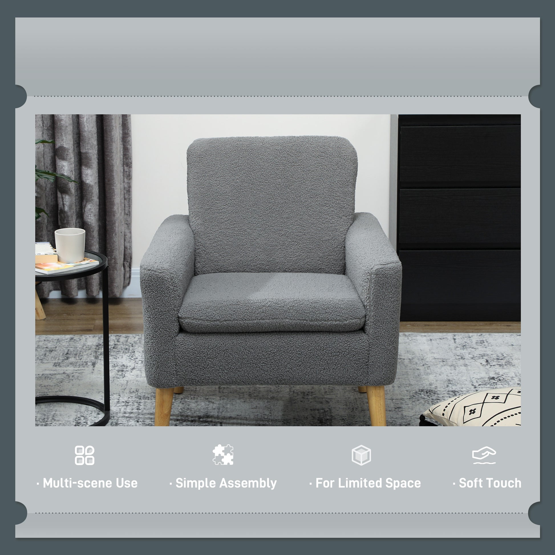 Grey Modern Accent Chair with Wood Legs - Cozy Teddy Fleece Fabric-DECOROLALA