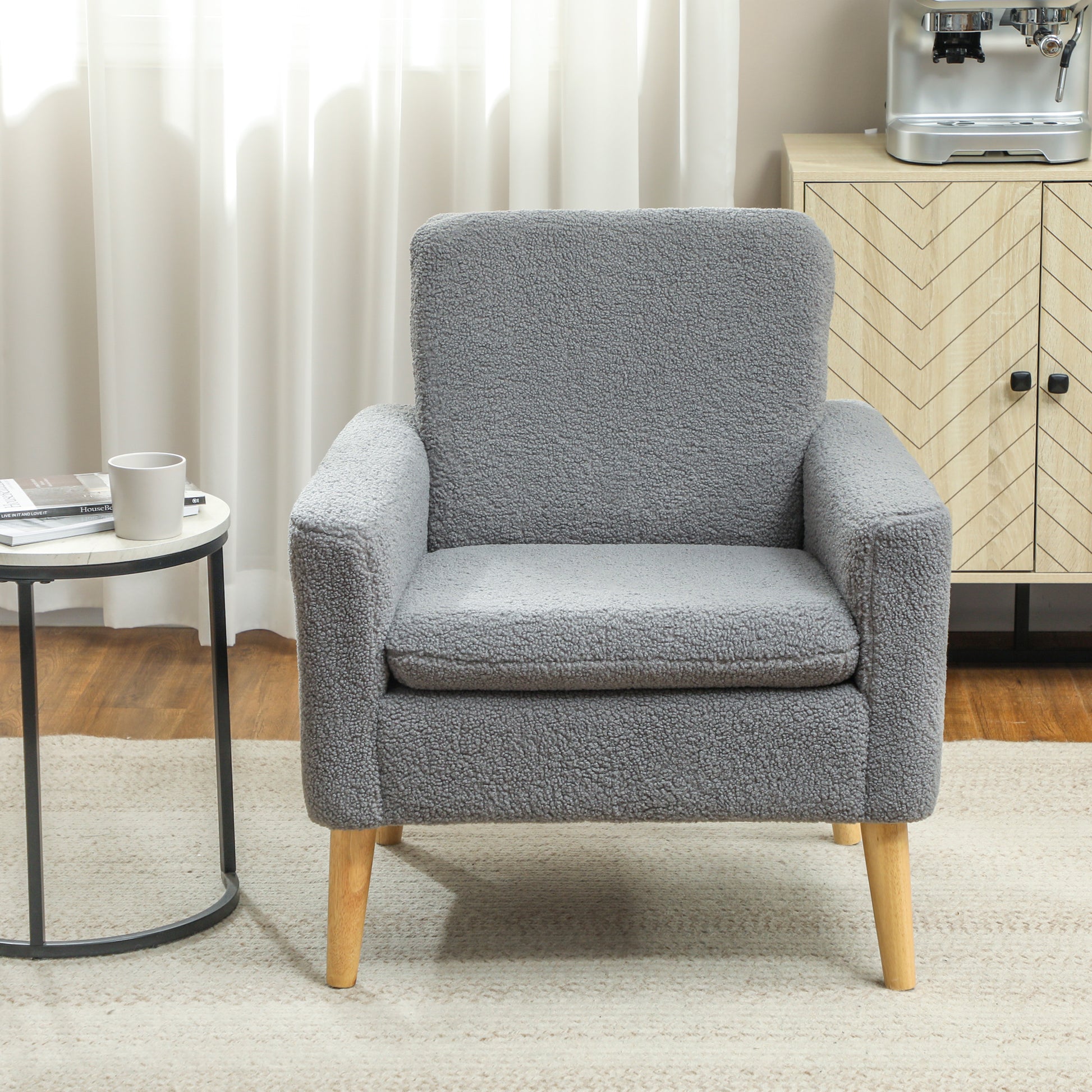 Grey Modern Accent Chair with Wood Legs - Cozy Teddy Fleece Fabric-DECOROLALA