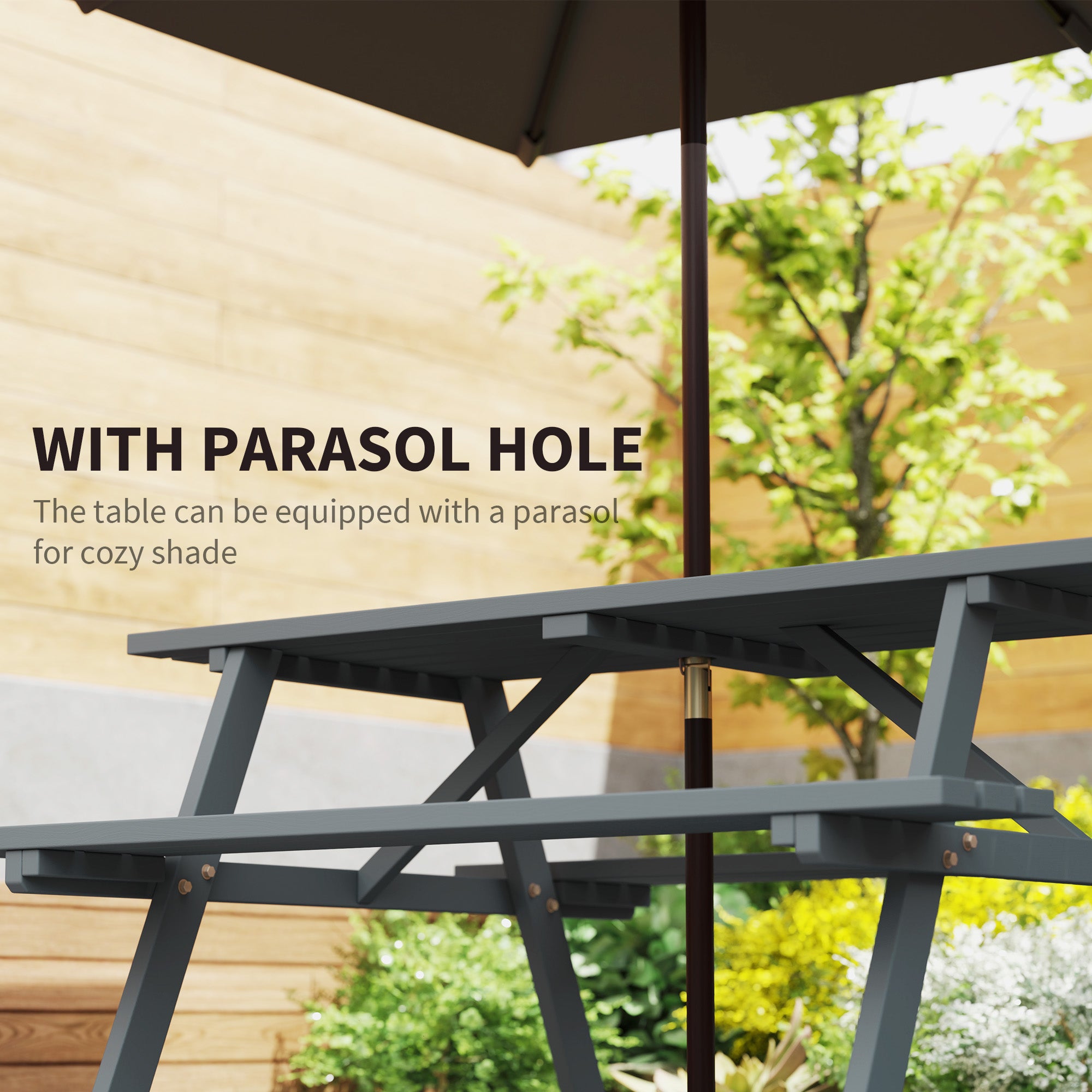 Grey Picnic Table Set with Bench & Shade Hole for Outdoor-DECOROLALA