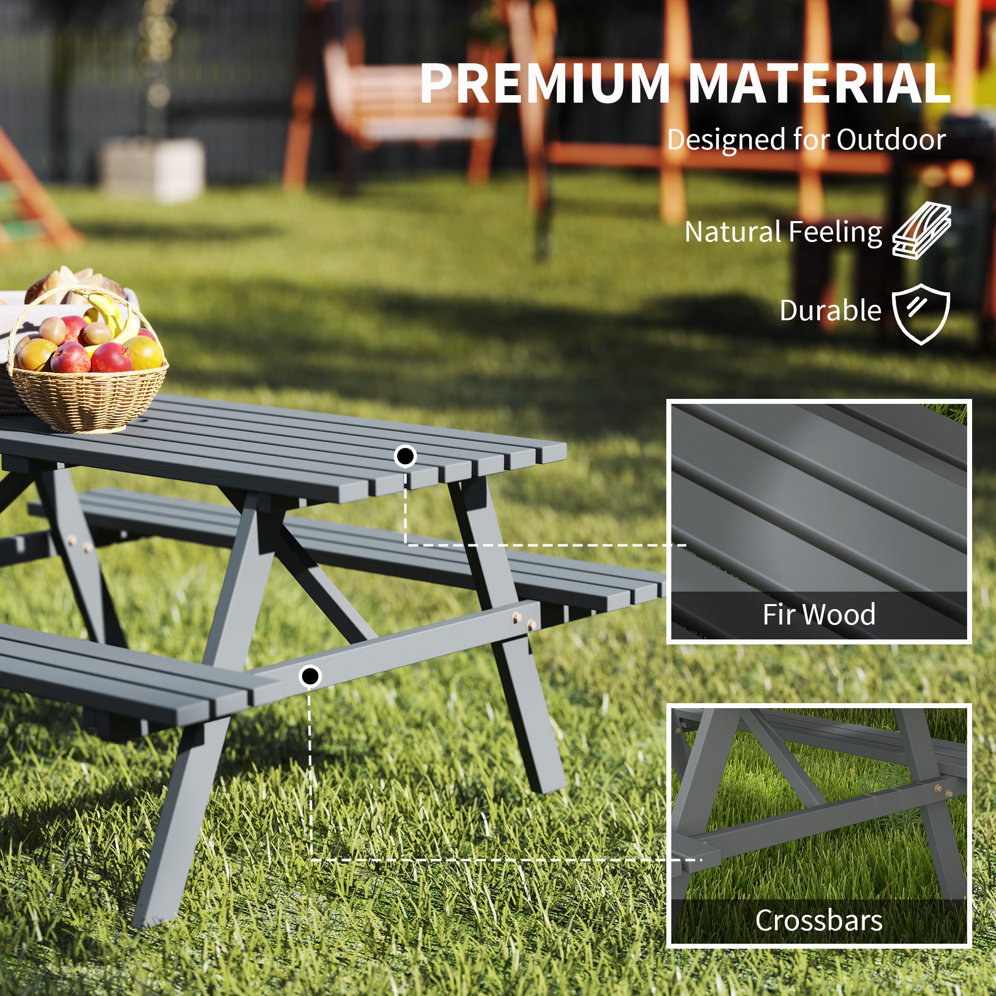 Grey Picnic Table Set with Bench & Shade Hole for Outdoor-DECOROLALA