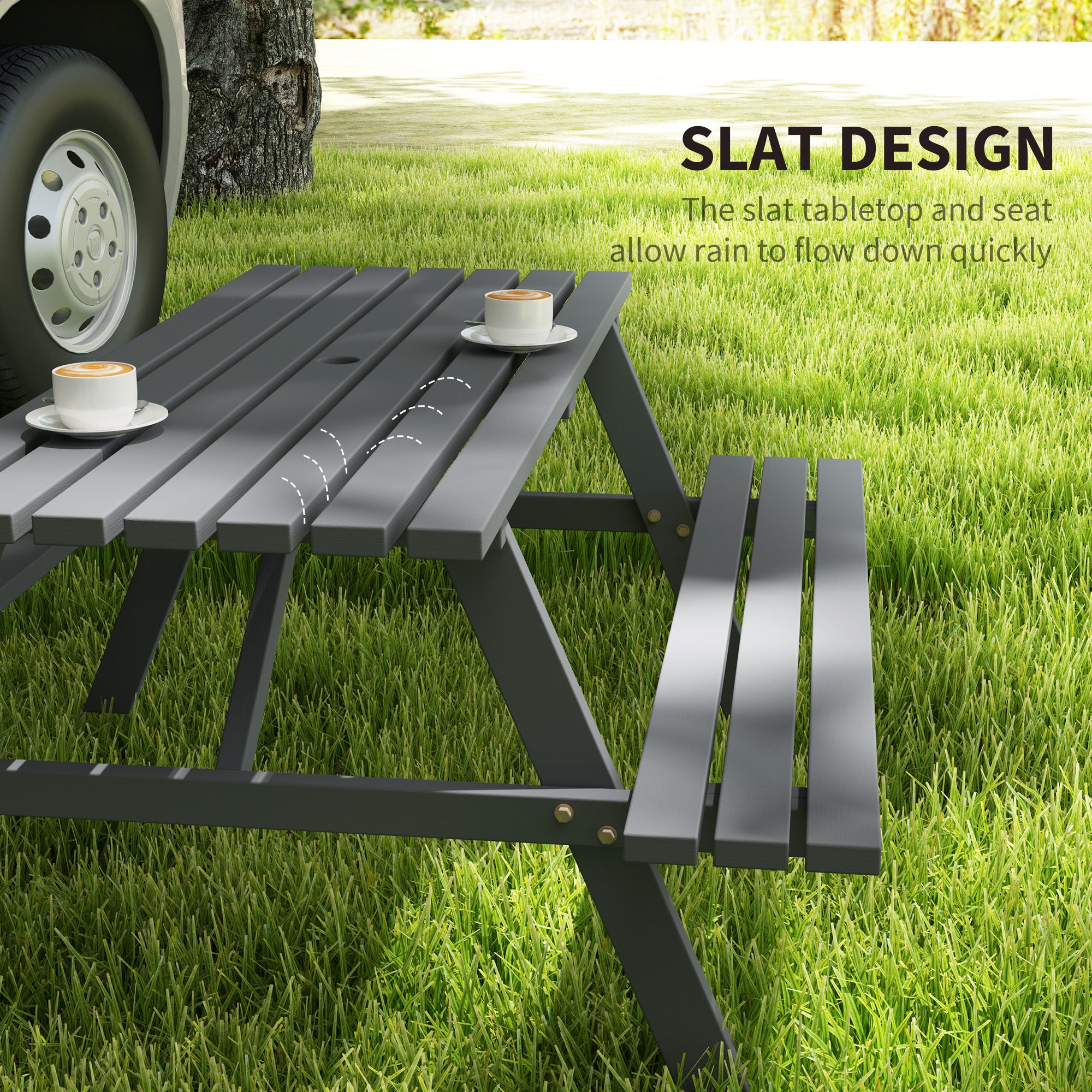 Grey Picnic Table Set with Bench & Shade Hole for Outdoor-DECOROLALA