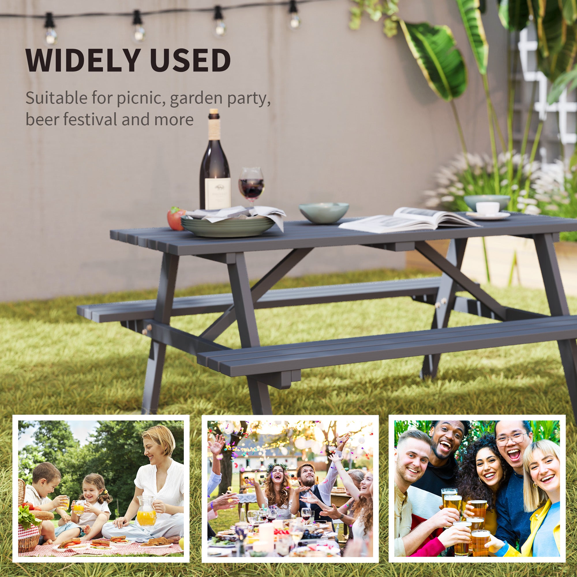 Grey Picnic Table Set with Bench & Shade Hole for Outdoor-DECOROLALA