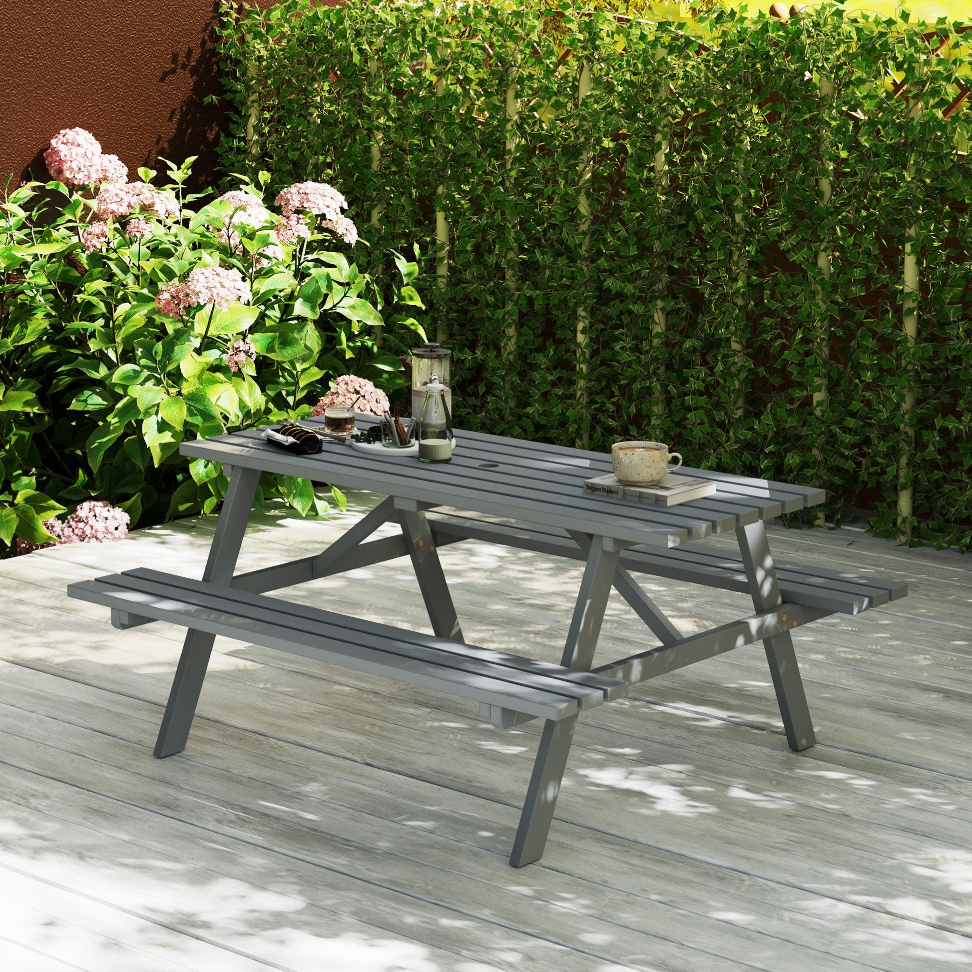 Grey Picnic Table Set with Bench & Shade Hole for Outdoor-DECOROLALA