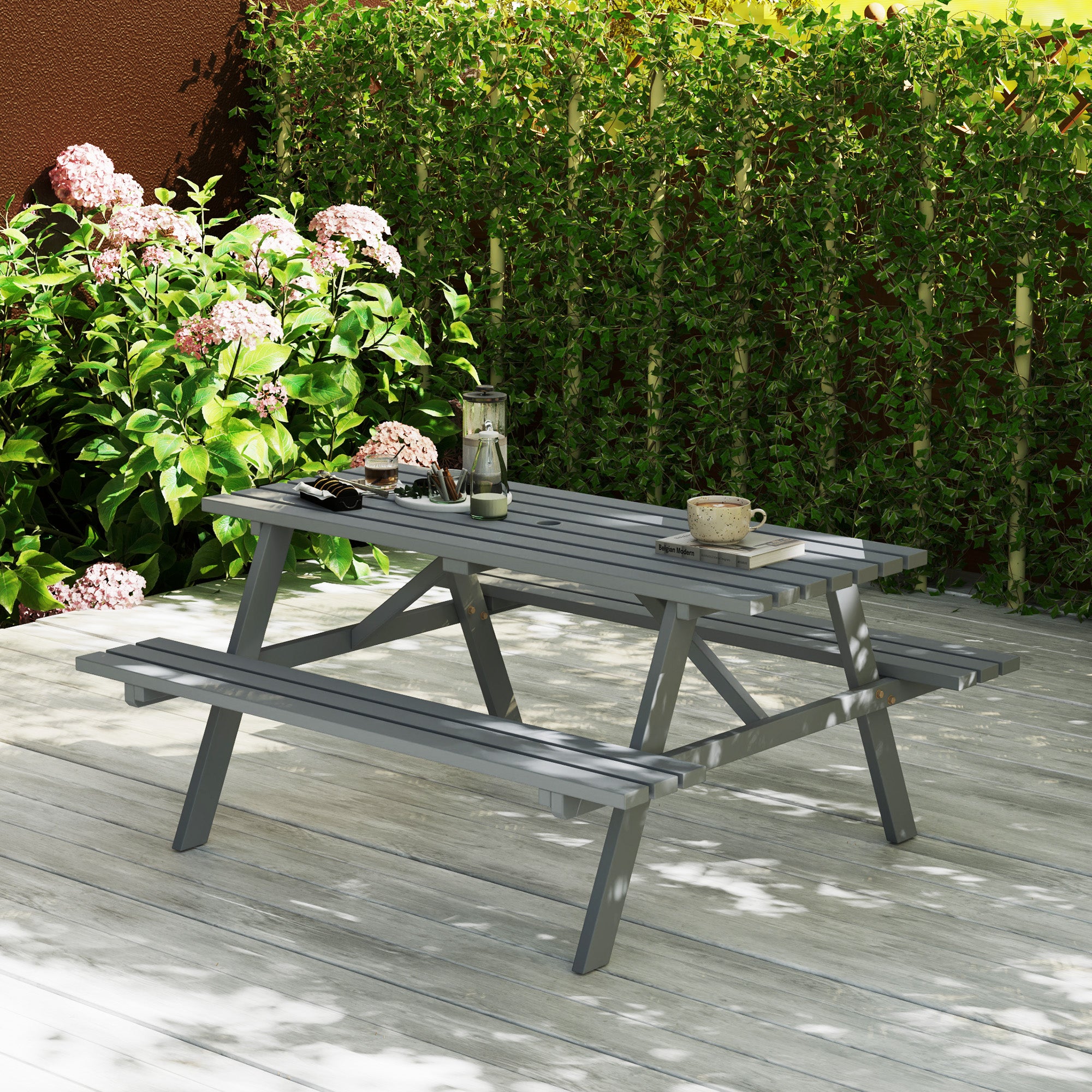 Grey Picnic Table Set with Bench & Shade Hole for Outdoor-DECOROLALA