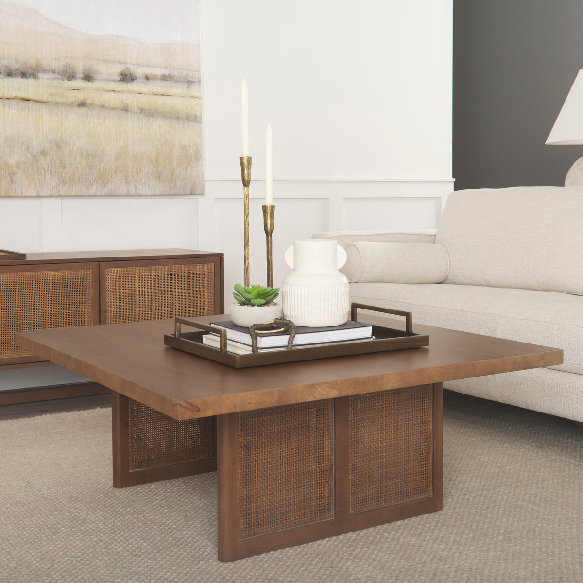 Grier 42" Square Light Brown Wood w/ Cane Coffee Table-Coffee Tables-DECOROLALA