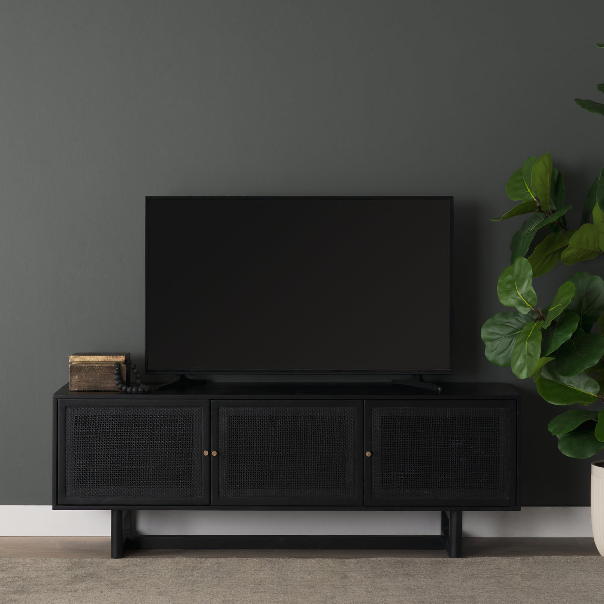 Grier 65" Light Brown Wood w/ Cane Media Console-Media Console-DECOROLALA