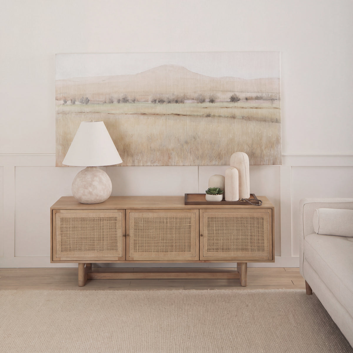 Grier 65" Light Brown Wood w/ Cane Media Console-Media Console-DECOROLALA