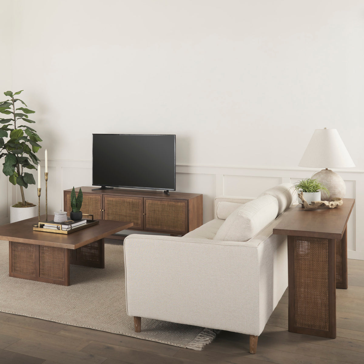 Grier 65" Medium Brown Solid Wood w/ Cane Console Table-Console Tables-DECOROLALA