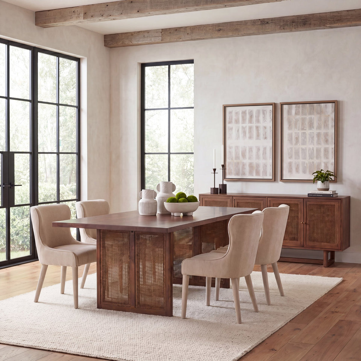 Grier Dining Table - Medium Brown Wood Cane Seats 8-Dining Tables-DECOROLALA