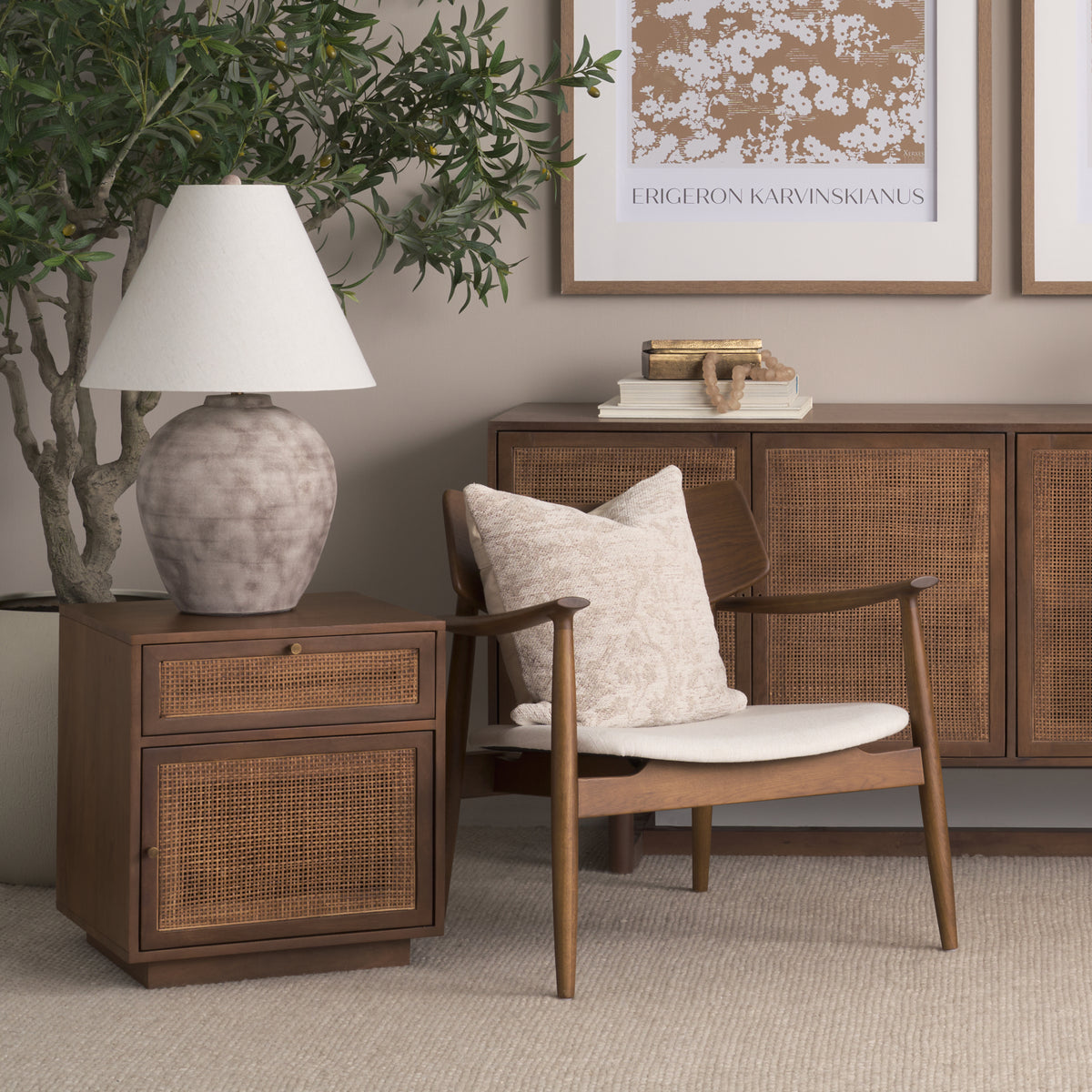 Grier Medium Brown Wood w/ Cane End Table-End and Side Tables-DECOROLALA