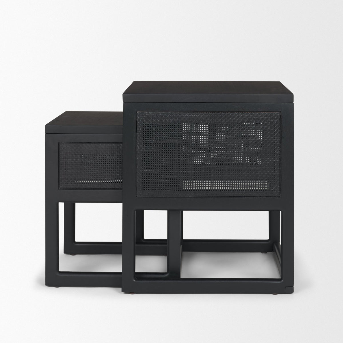 Grier Set of 2 Light Brown Solid Wood w/ Cane Nesting Accent Tables-Accent Tables-DECOROLALA
