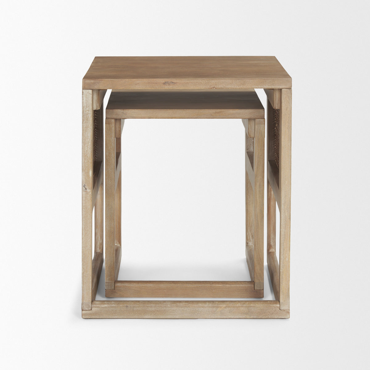 Grier Set of 2 Light Brown Solid Wood w/ Cane Nesting Accent Tables-Accent Tables-DECOROLALA