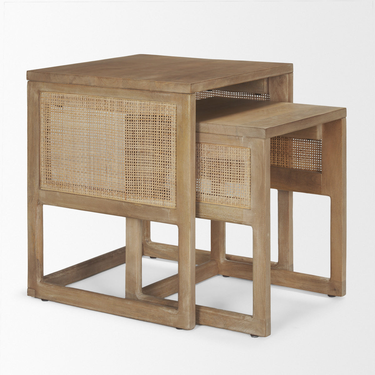 Grier Set of 2 Light Brown Solid Wood w/ Cane Nesting Accent Tables-Accent Tables-DECOROLALA