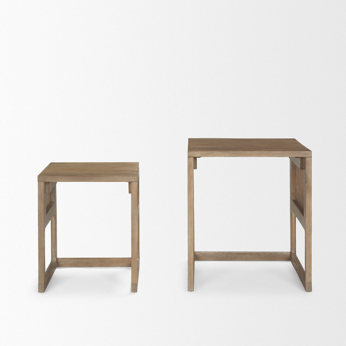 Grier Set of 2 Light Brown Solid Wood w/ Cane Nesting Accent Tables-Accent Tables-DECOROLALA