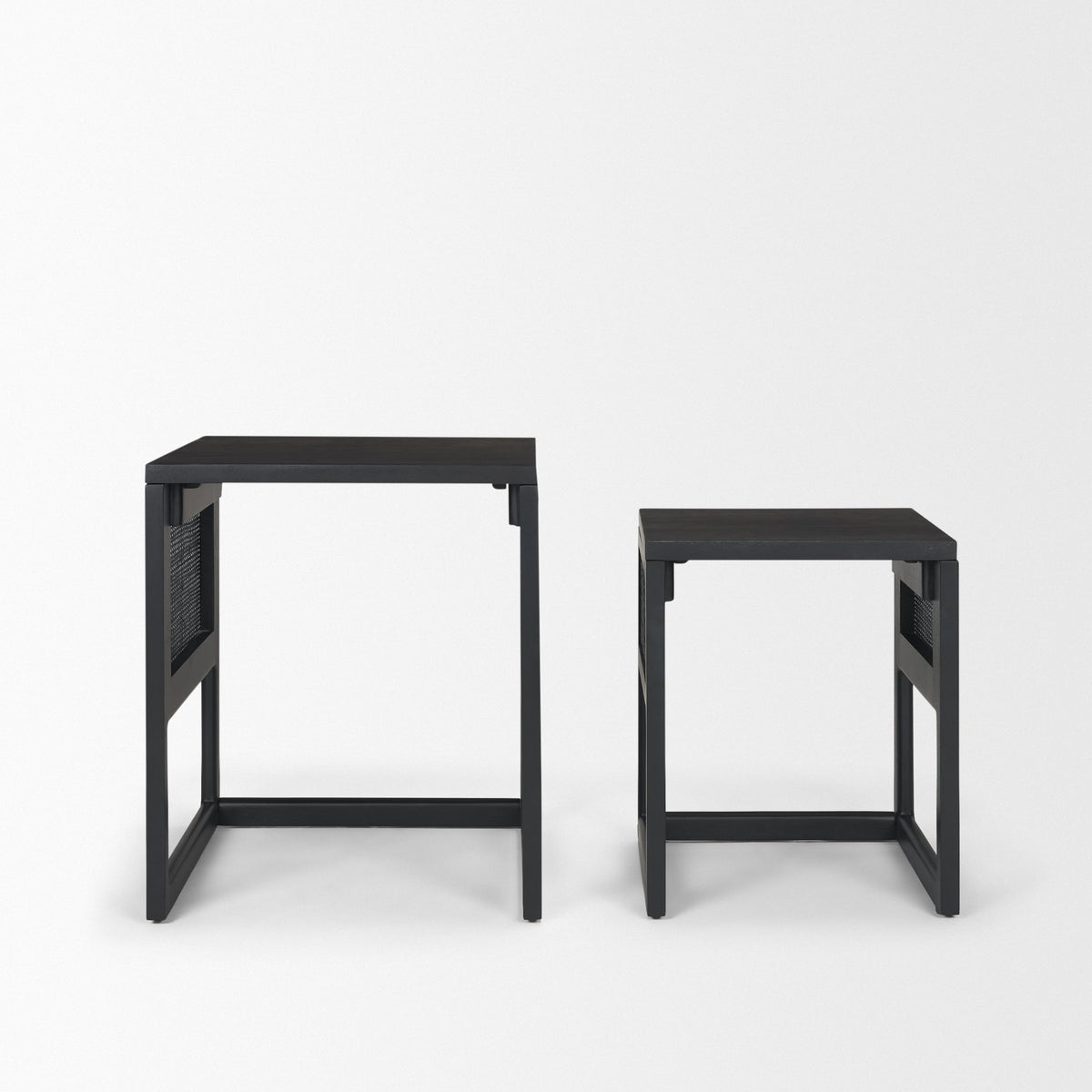 Grier Set of 2 Light Brown Solid Wood w/ Cane Nesting Accent Tables-Accent Tables-DECOROLALA