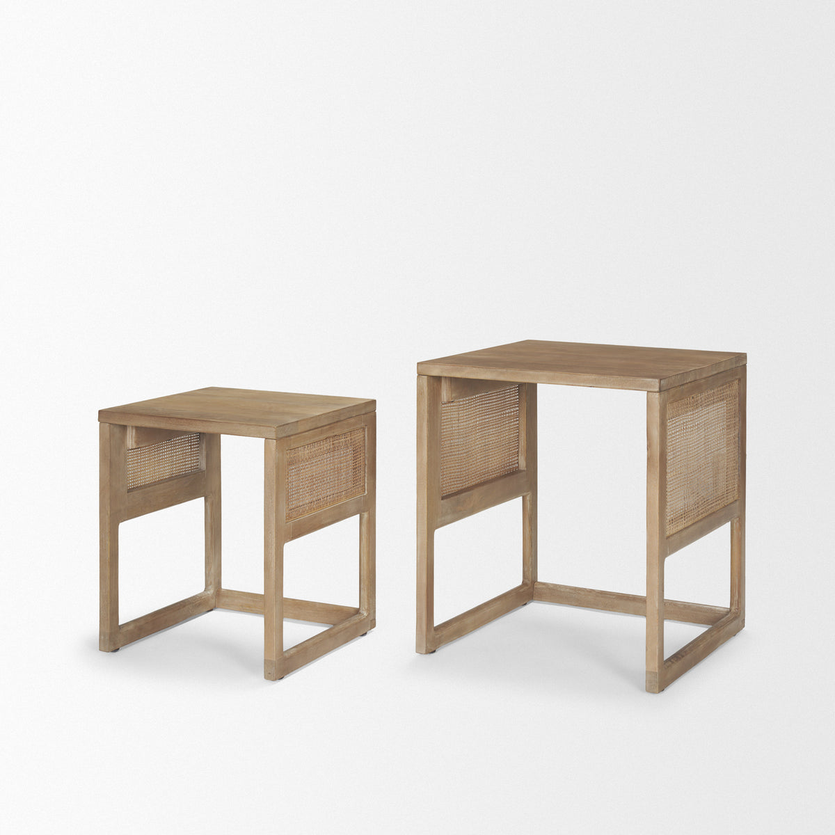 Grier Set of 2 Light Brown Solid Wood w/ Cane Nesting Accent Tables-Accent Tables-DECOROLALA