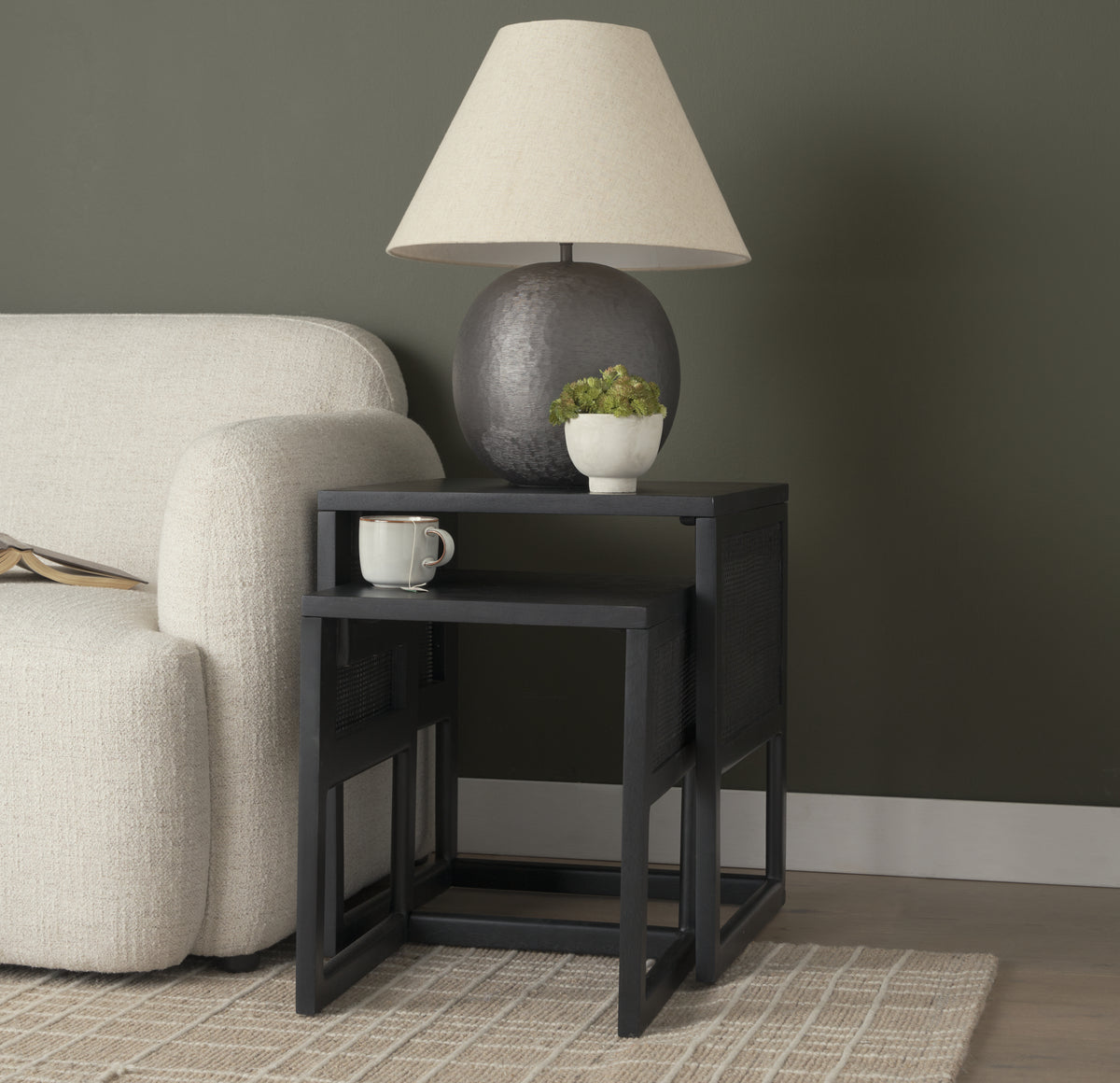 Grier Set of 2 Light Brown Solid Wood w/ Cane Nesting Accent Tables-Accent Tables-DECOROLALA
