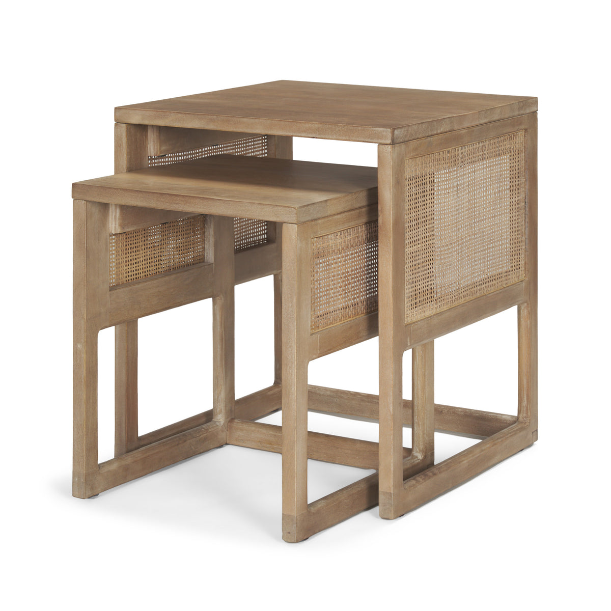 Grier Set of 2 Light Brown Solid Wood w/ Cane Nesting Accent Tables-Accent Tables-DECOROLALA