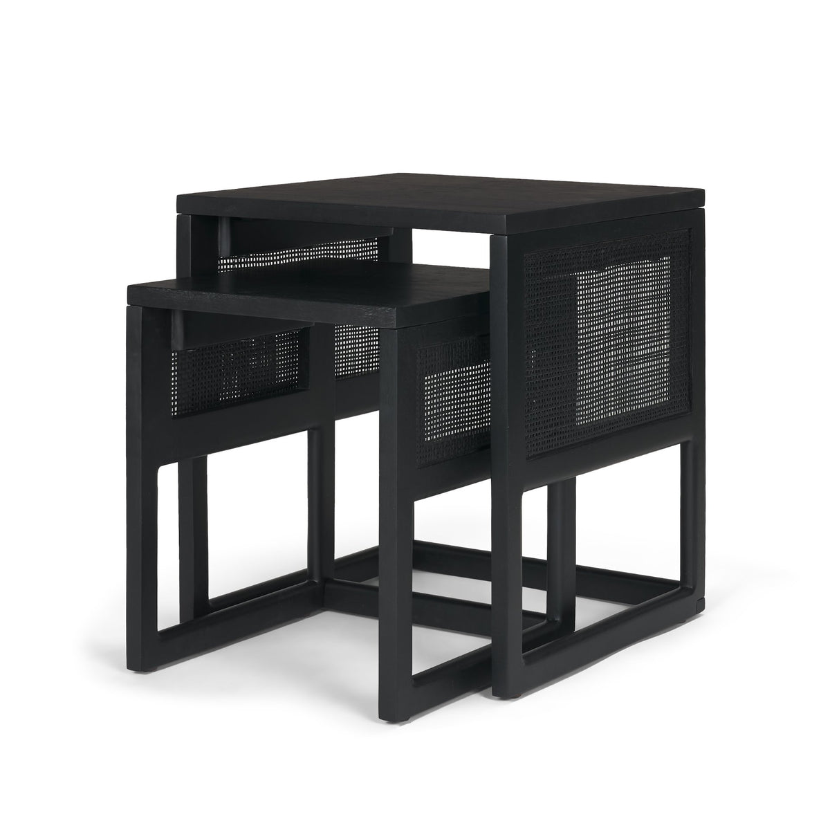 Grier Set of 2 Light Brown Solid Wood w/ Cane Nesting Accent Tables-Accent Tables-DECOROLALA