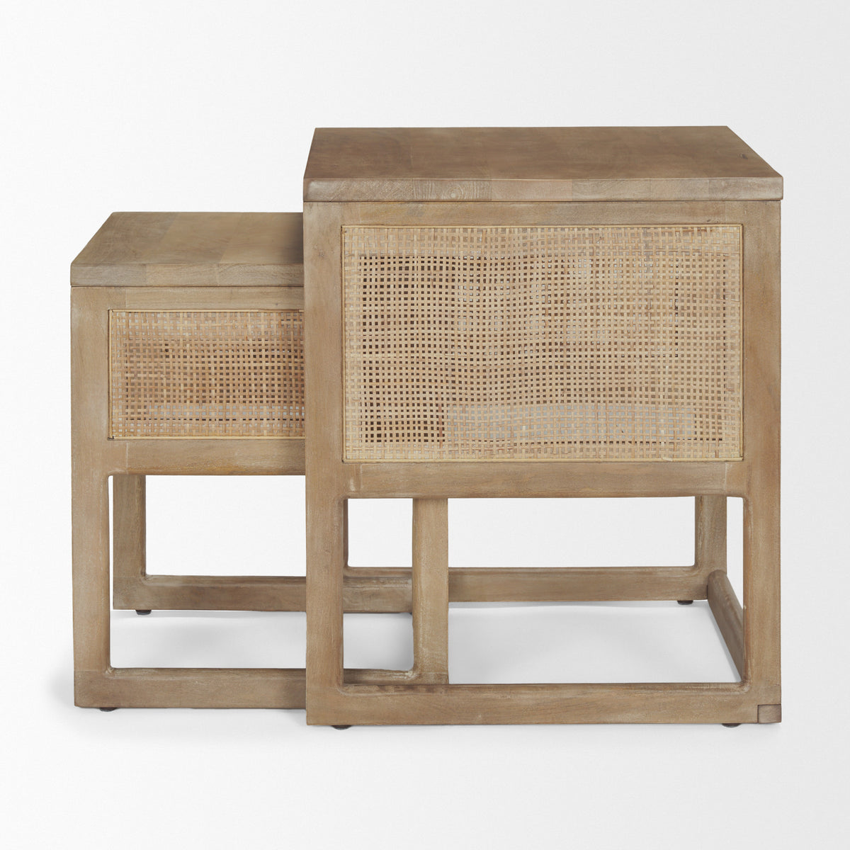 Grier Set of 2 Light Brown Solid Wood w/ Cane Nesting Accent Tables-Accent Tables-DECOROLALA