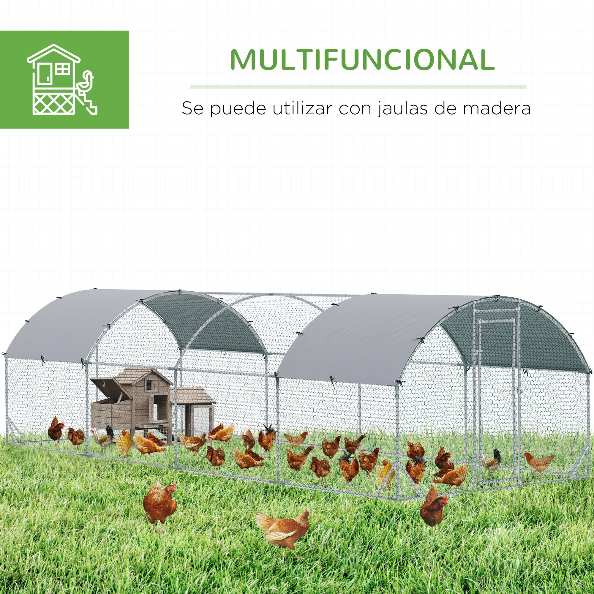 Grand poulailler-cage en métal galvanisé avec enclos accessible, parcours pour volailles, maison de jeu et clapier à lapins avec couverture pour extérieur et jardin, 9,2' x 24,9' x 6,5', argenté
