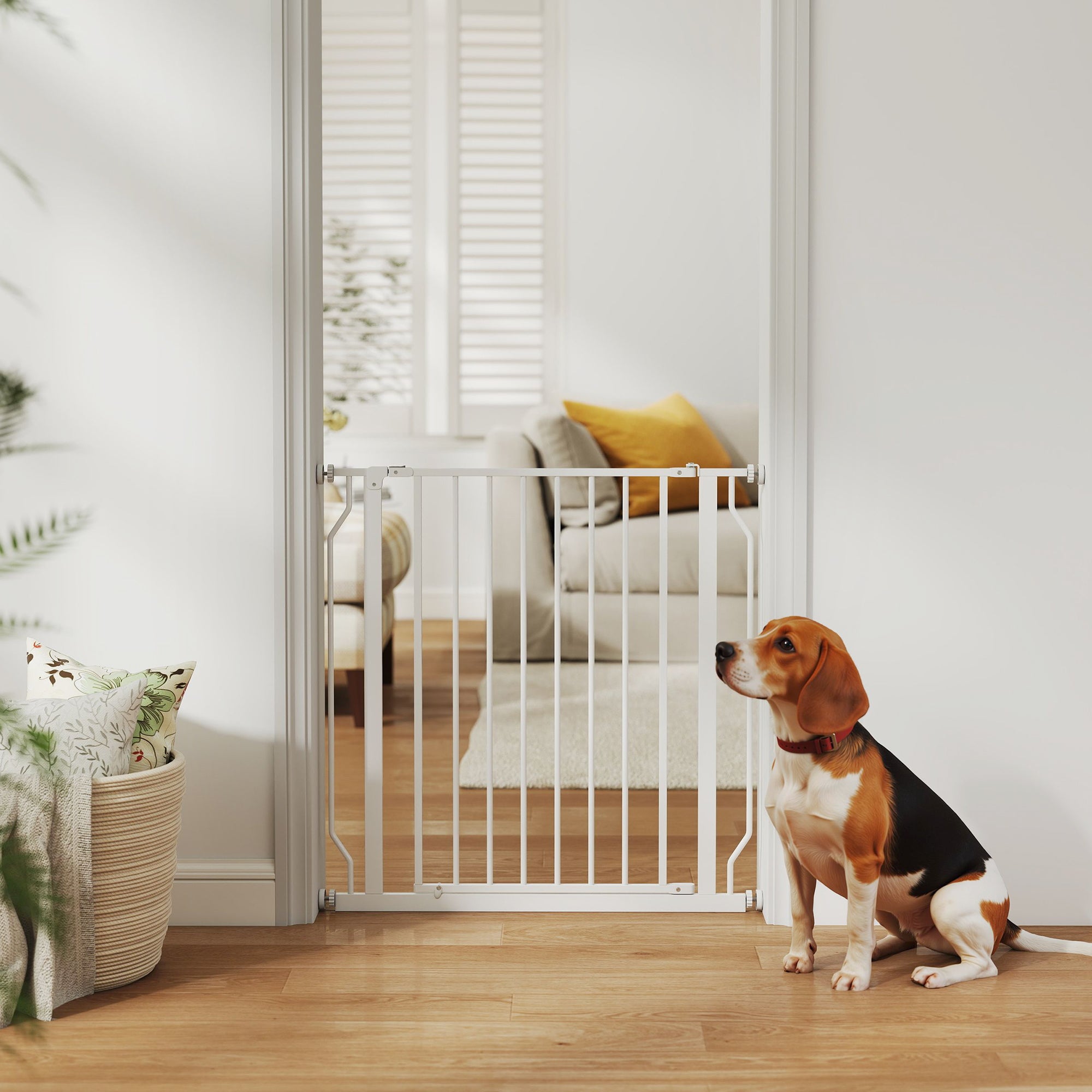Barrière pour animaux de compagnie de 30 à 34 po, installation facile, avec porte et double système de verrouillage, barrière extra-large pour chiens pour escaliers et couloirs, blanche
