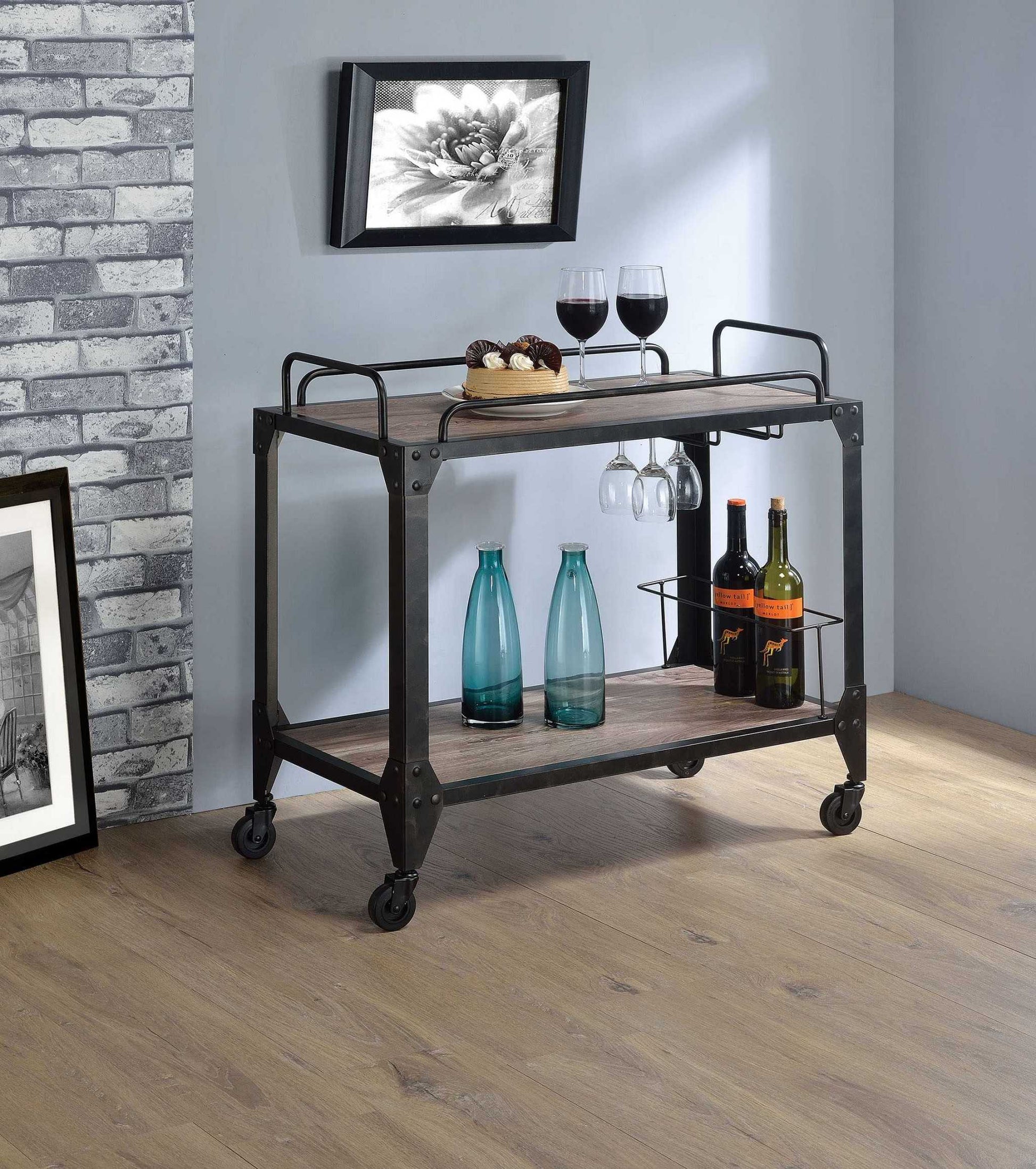 Gunmetal and Brown 32" Rolling Prep Table With Storage-Kitchen Carts-Islands-DECOROLALA