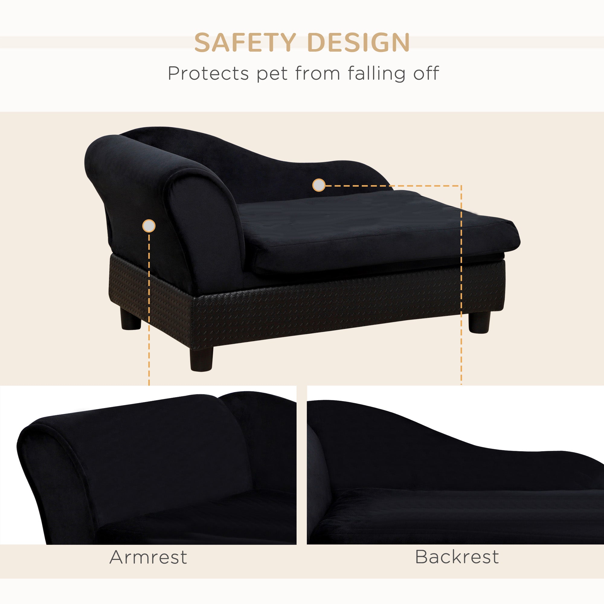 Canapé pour chien, chaise longue et lit pour animaux avec espace de rangement, pour petits chiens et chats, coussin en éponge, coloris noir