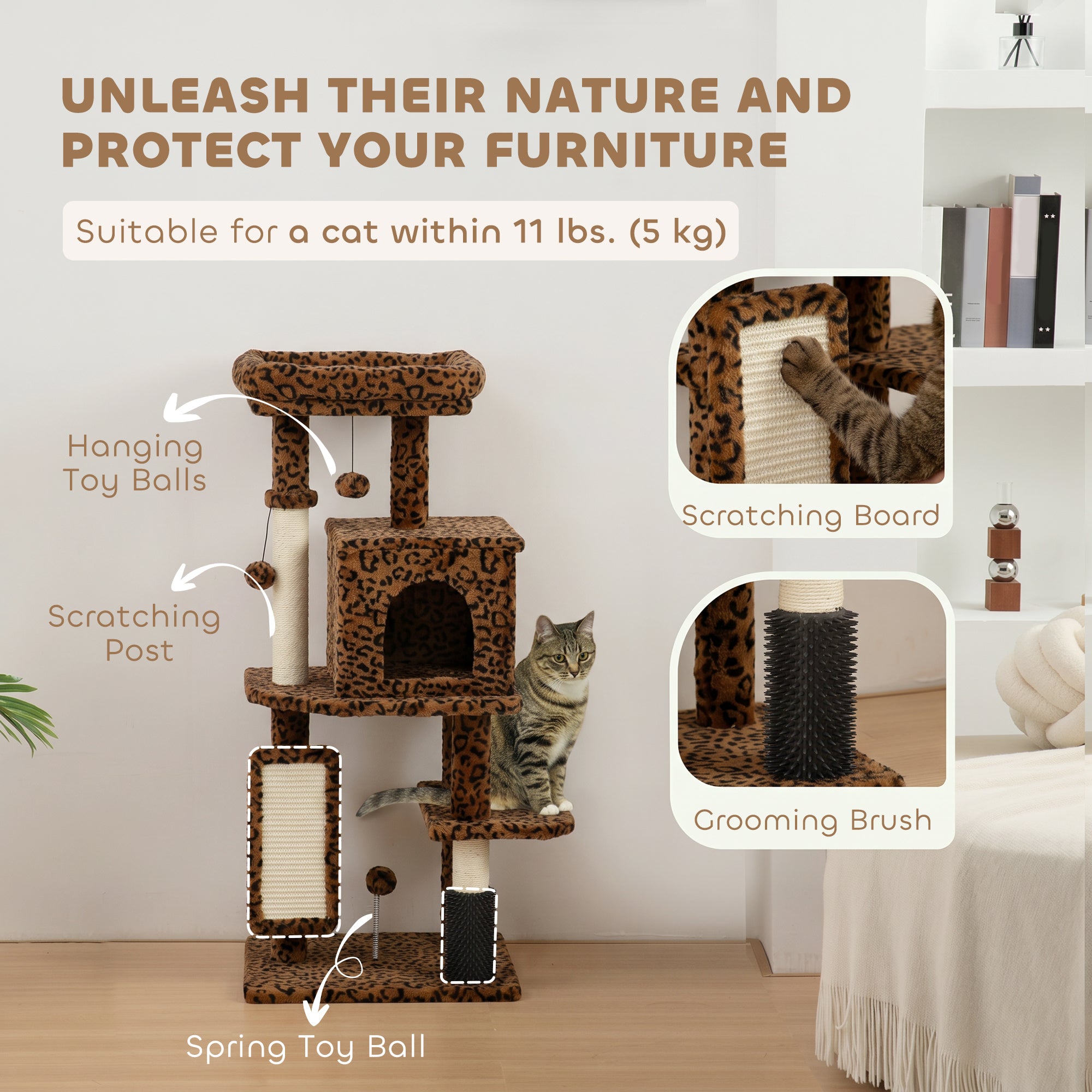 41 Inch Cat Tree with Scratching Posts, Cat Bed, Condo, Jumping Platforms, Toy Balls, Leopard Print