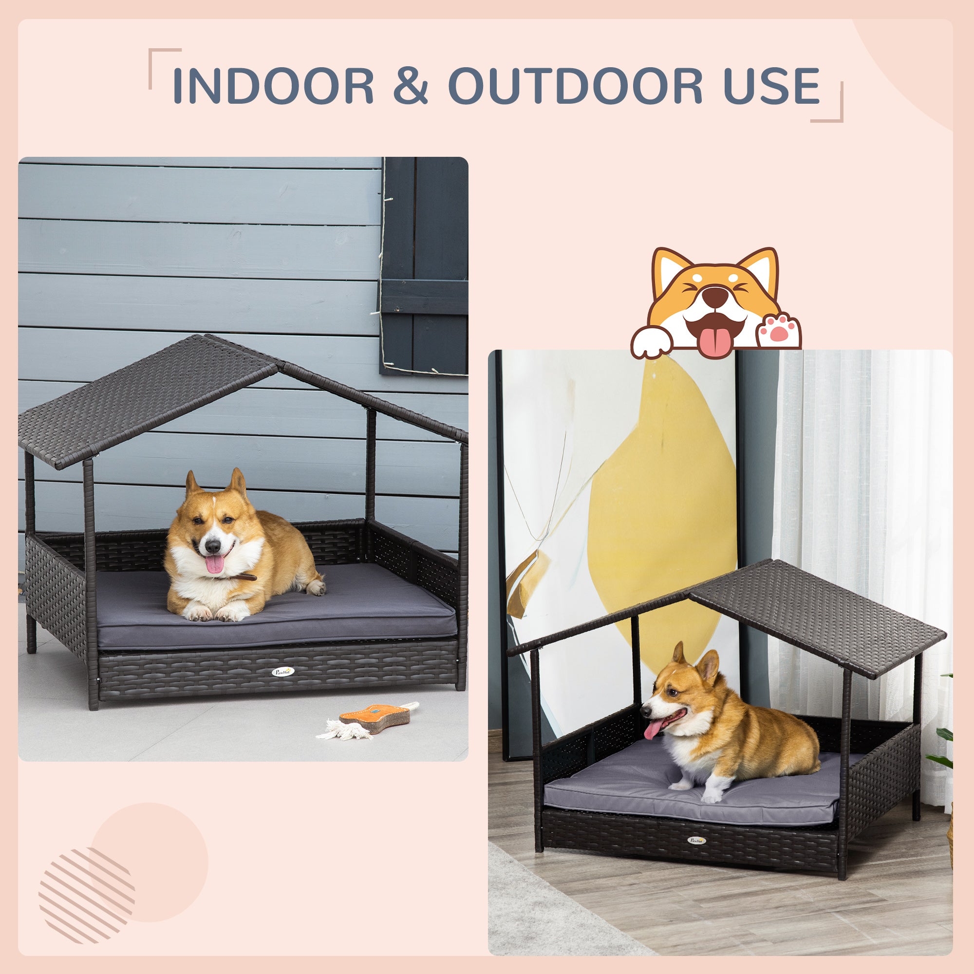 Rattan Dog House with Canopy, Wicker Dog Bed with Water-Resistant Cushion, for Small and Medium Breeds Grey