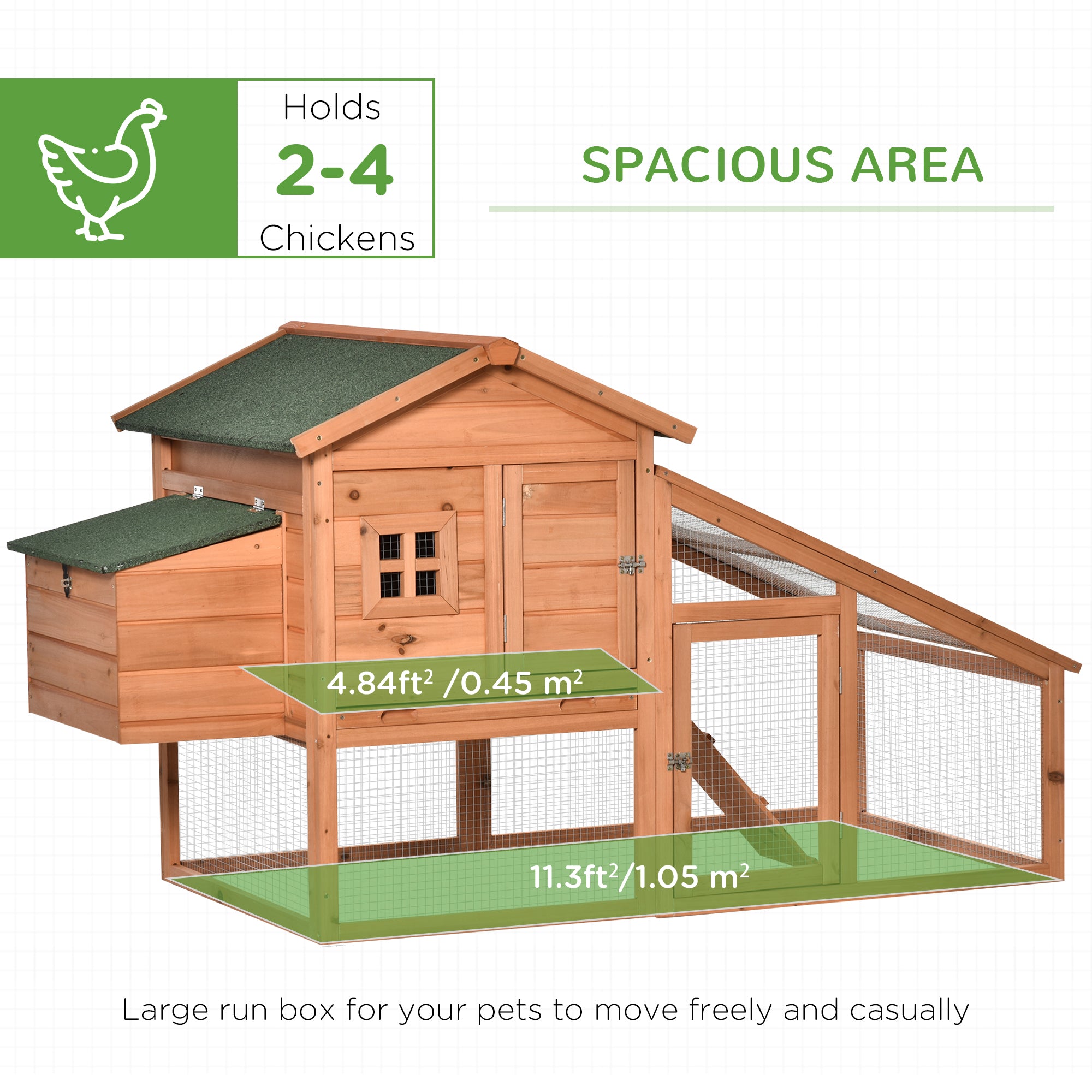 69" Chicken Coop Wooden Hen House Rabbit Hutch Poultry Cage Pen Outdoor Backyard with Outdoor Run Resting Nesting Box Removable Tray Waterproof Asphalt Roof Lockable Door Yellow and Green