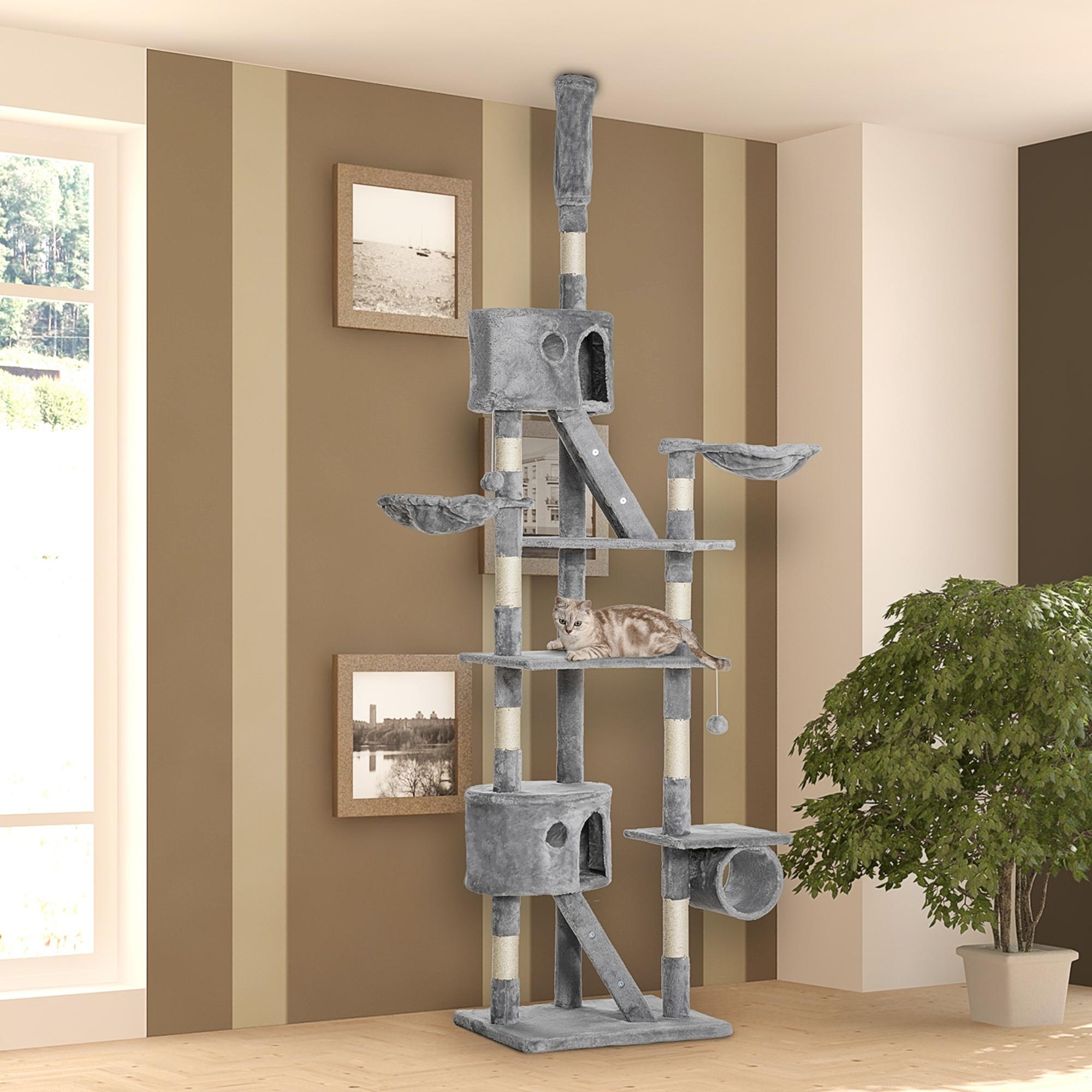 Arbre à chat géant de 94"-102" de hauteur, condo pour chat allant jusqu’au plafond, poteau à griffer, centre d’activités, maison de jeu multiniveau, gris clair