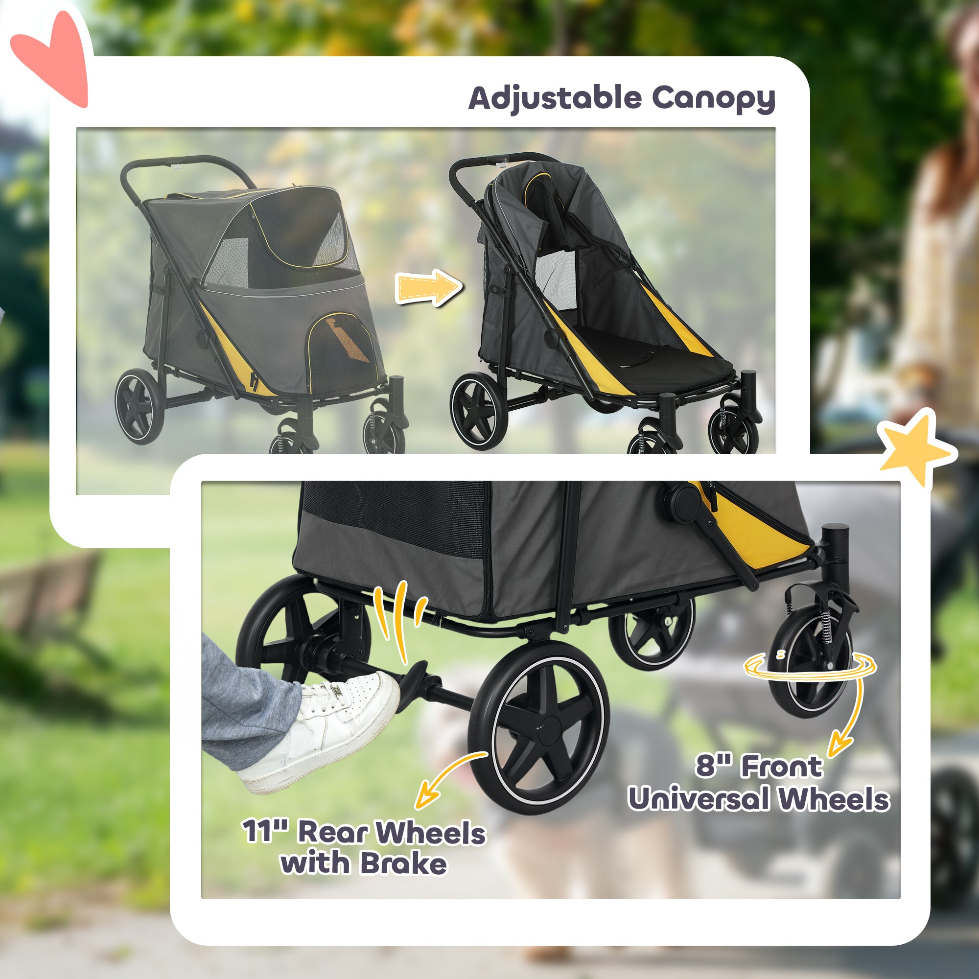 Foldable Pet Stroller with Universal Front Wheels, Shock Absorber, Dog Cat Carriage for Large & Medium Dogs, Dark Grey