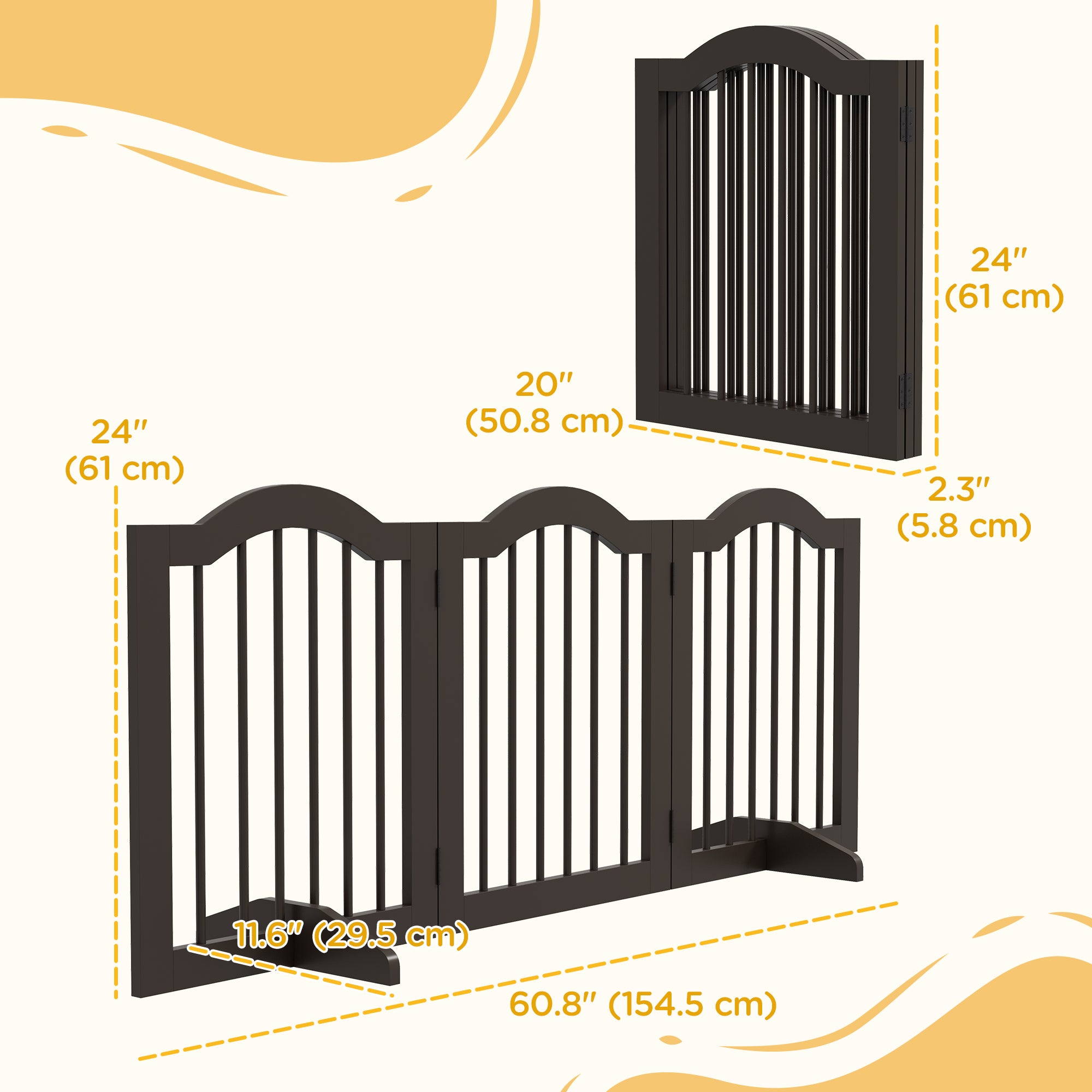 Barrière autoportante pour animaux de 24" pour chiens avec 2 pieds de support, café