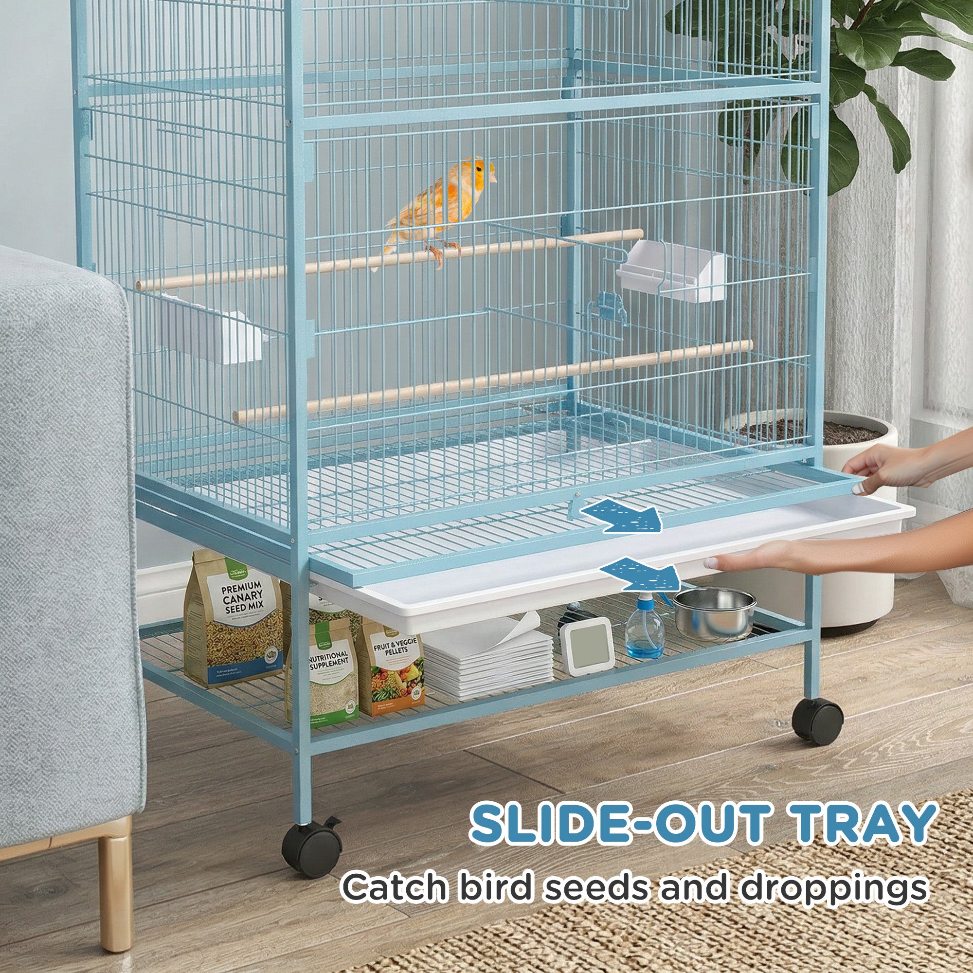52'' Large Rolling Steel Bird Cage Bird House with Rolling Stand, Storage Shelf, Wood Perch, Food Container, Light Blue
