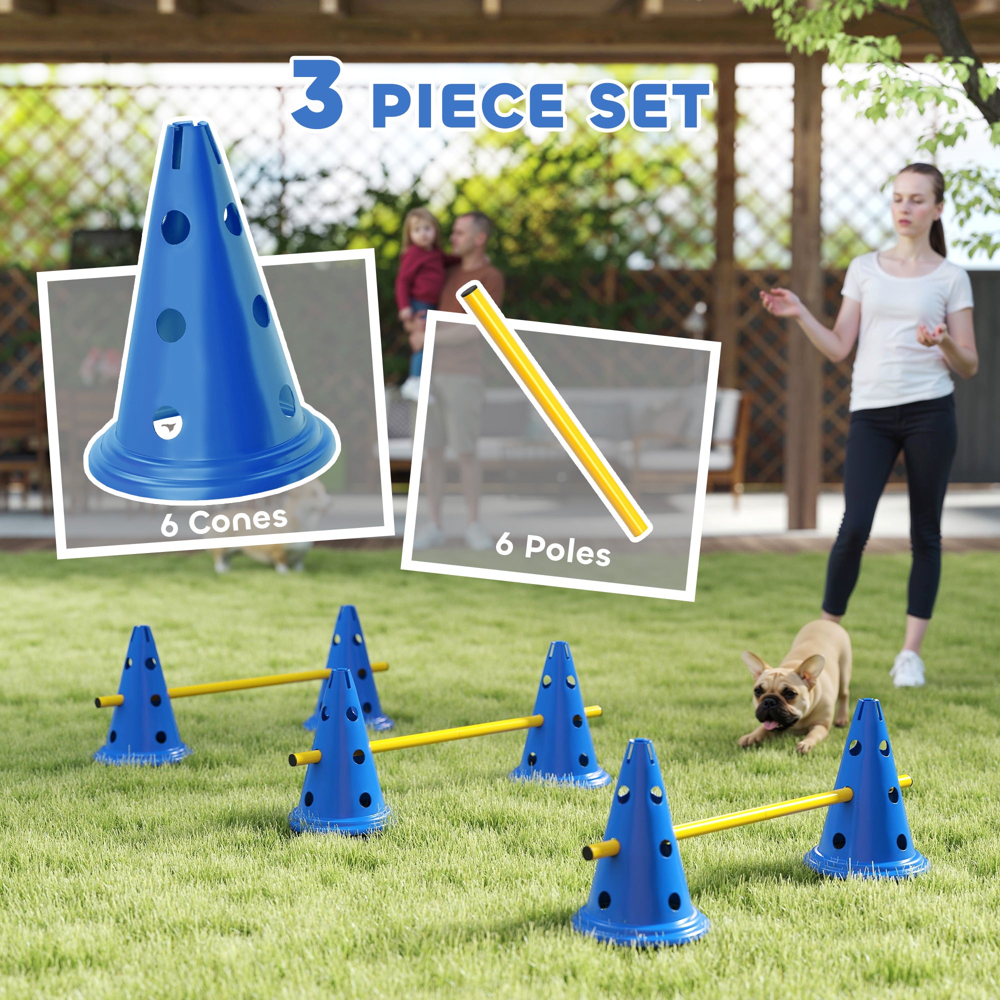 Ensemble de cônes et de haies d’agilité pour chiens, équipement de parcours d’obstacles réglable avec 6 cônes et 6 barres, sac de transport, bleu