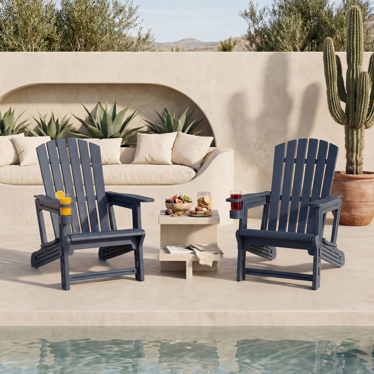 HDPE Adirondack Chair with Cup Holder and Wood-Like Texture High Back for Garden -Blue-Adirondack Chairs-DECOROLALA