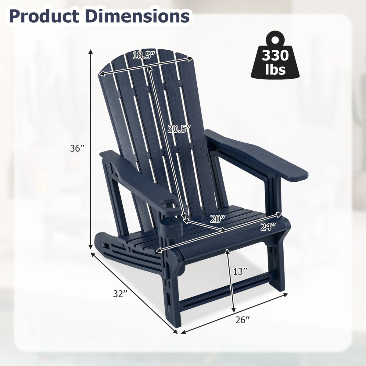 HDPE Adirondack Chair with Cup Holder and Wood-Like Texture High Back for Garden -Blue-Adirondack Chairs-DECOROLALA