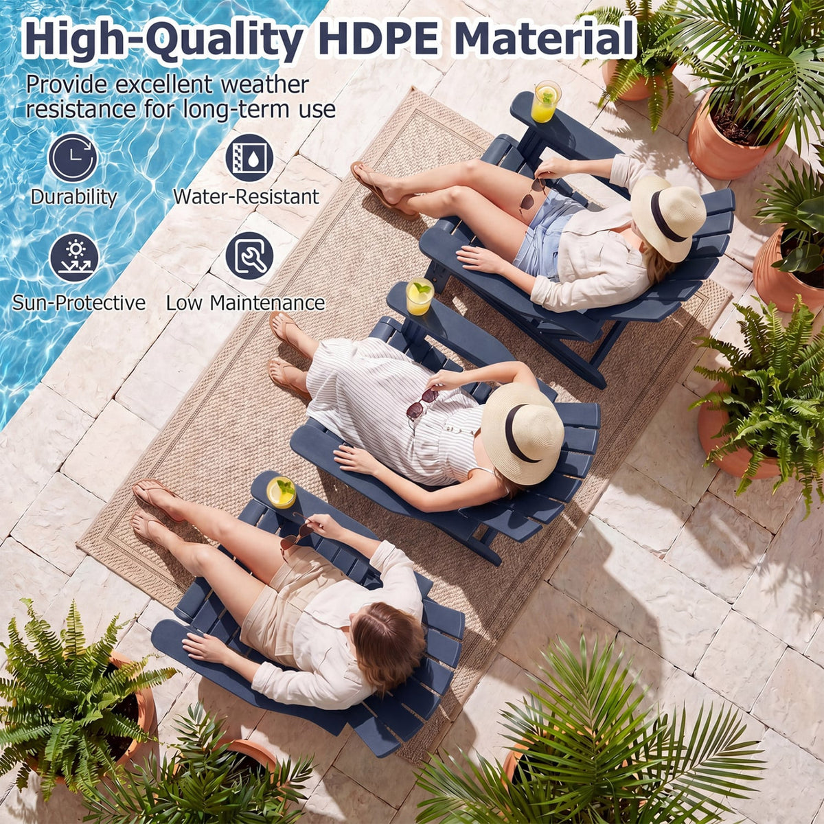 HDPE Adirondack Chair with Cup Holder and Wood-Like Texture High Back for Garden -Blue-Adirondack Chairs-DECOROLALA
