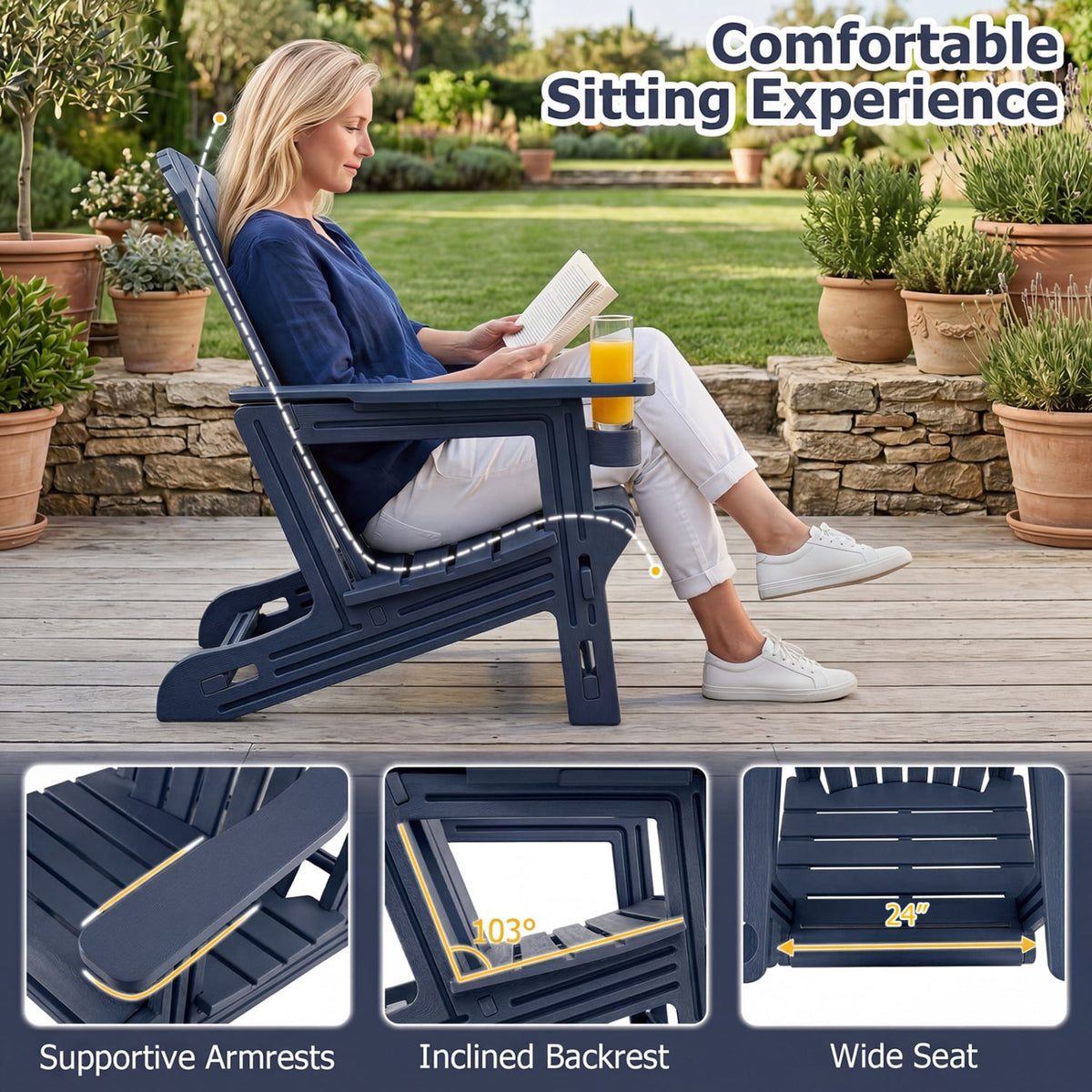 HDPE Adirondack Chair with Cup Holder and Wood-Like Texture High Back for Garden -Blue-Adirondack Chairs-DECOROLALA