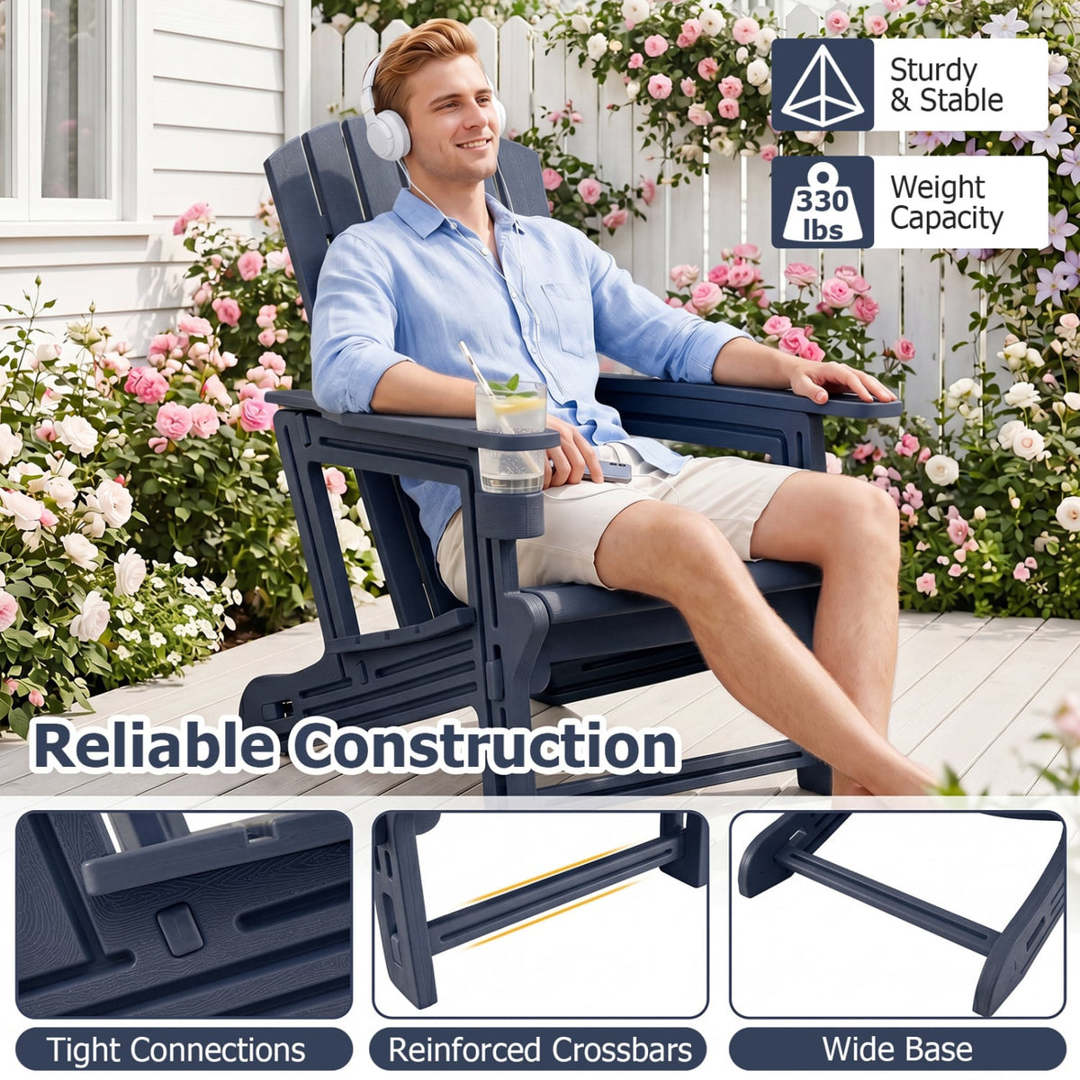 HDPE Adirondack Chair with Cup Holder and Wood-Like Texture High Back for Garden -Blue-Adirondack Chairs-DECOROLALA
