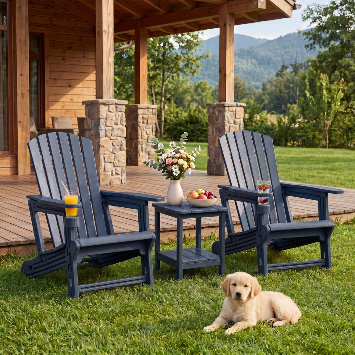 HDPE Adirondack Chair with Cup Holder and Wood-Like Texture High Back for Garden -Blue-Adirondack Chairs-DECOROLALA