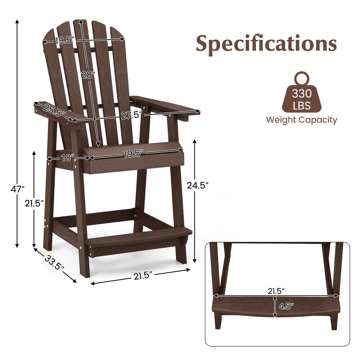 HDPE Patio Chair with Armrest and Footrest for Indoor Outdoor-Brown-Adirondack Chairs-DECOROLALA