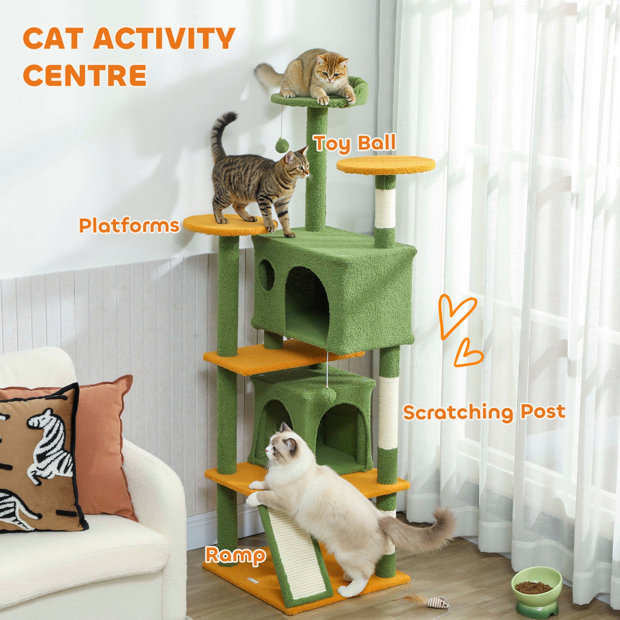 63" Cat Tree, Multi-Level Cat Tower with Scratching Posts, Cat Condos, Bed, Platforms, Ramp, Toy Ball, Green